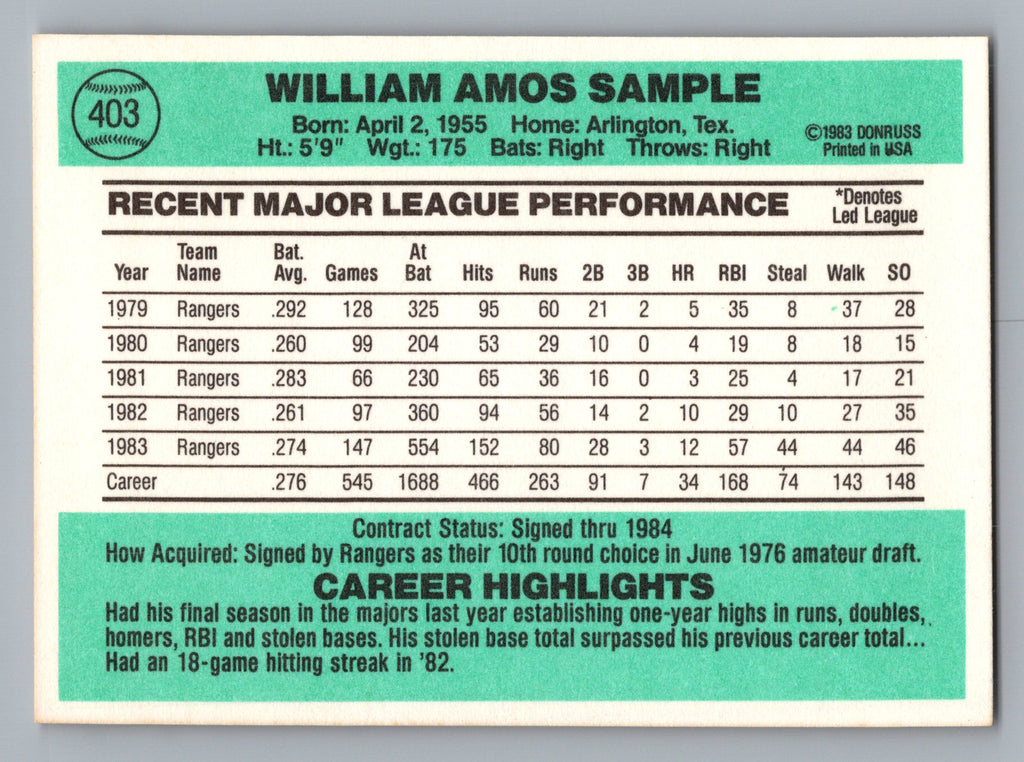 1984 Donruss #403 Billy Sample