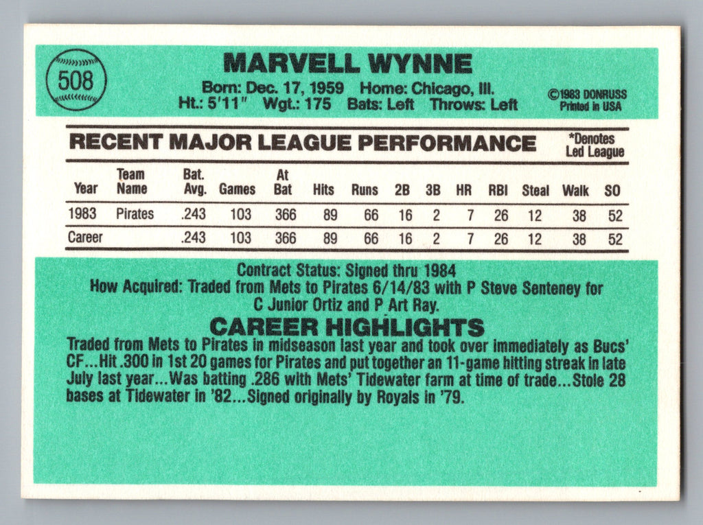 1984 Donruss #508 Marvell Wynne