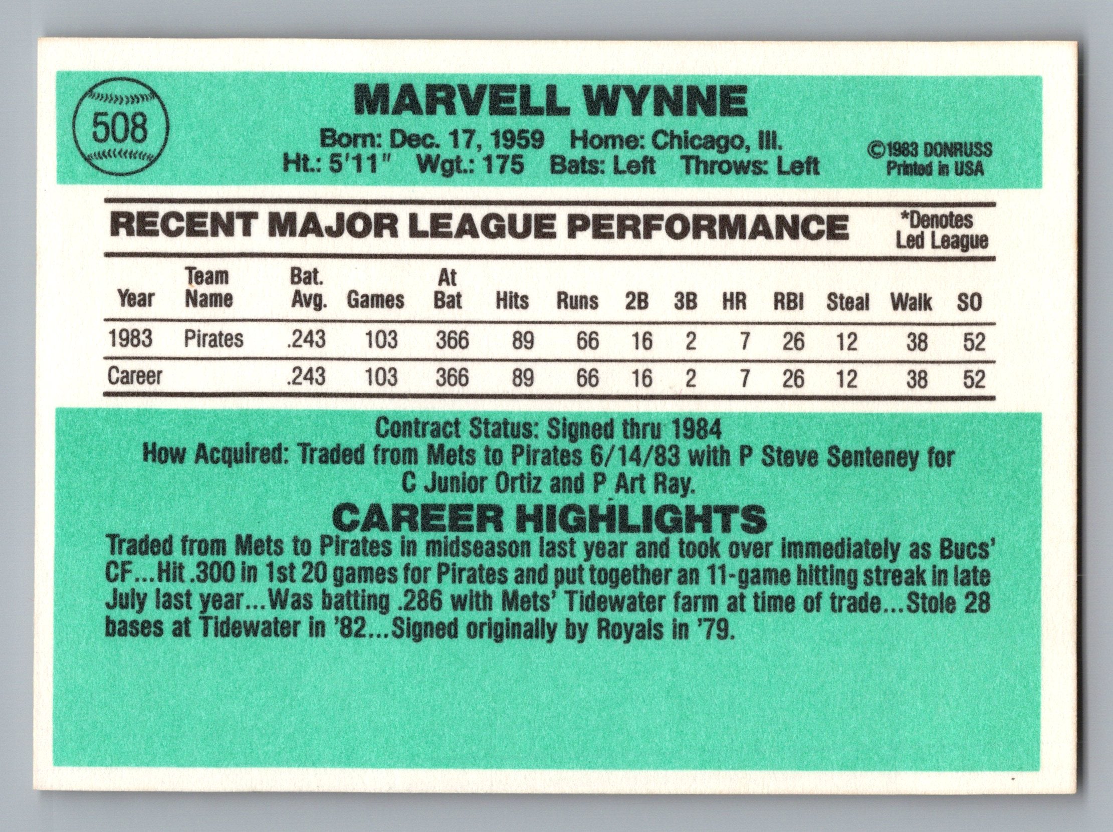 1984 Donruss #508 Marvell Wynne