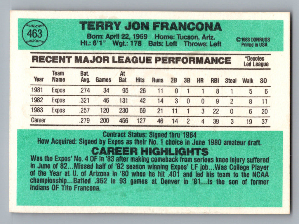 1984 Donruss #463 Terry Francona