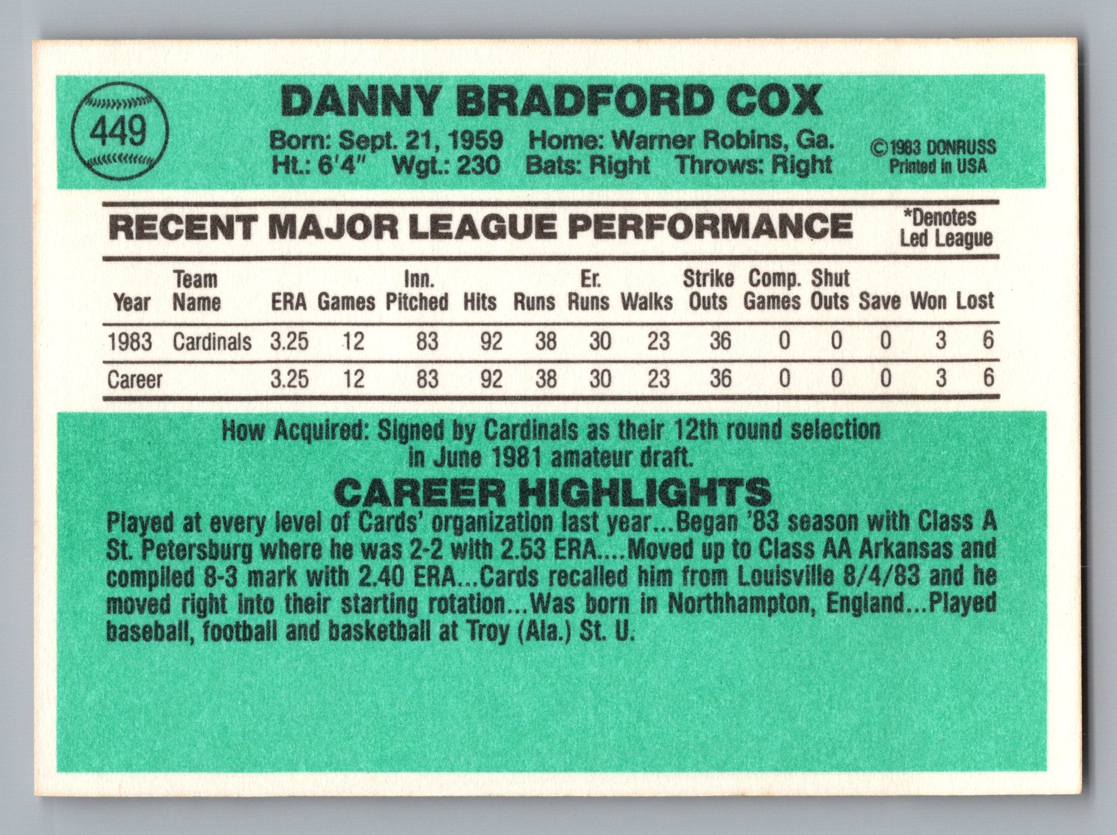 1984 Donruss #449 Danny Cox