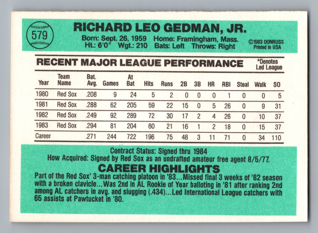 1984 Donruss #579 Rich Gedman