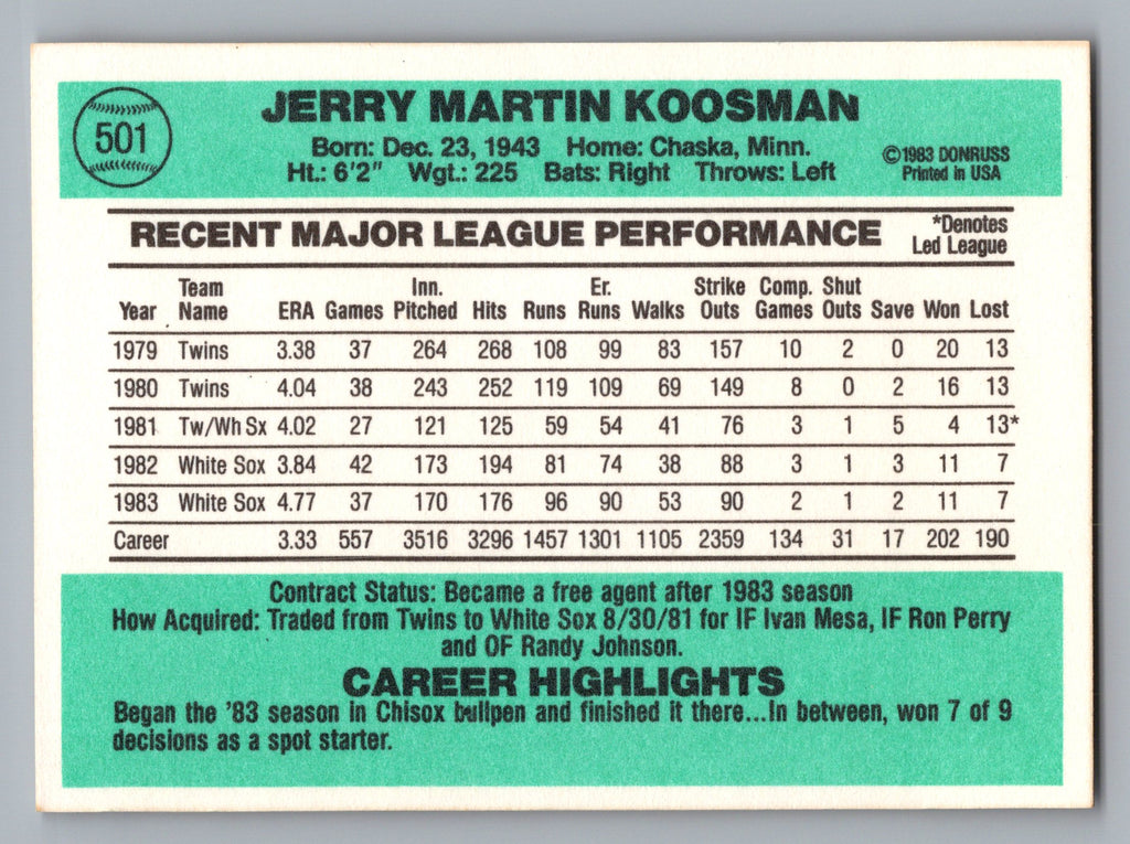 1984 Donruss #501 Jerry Koosman