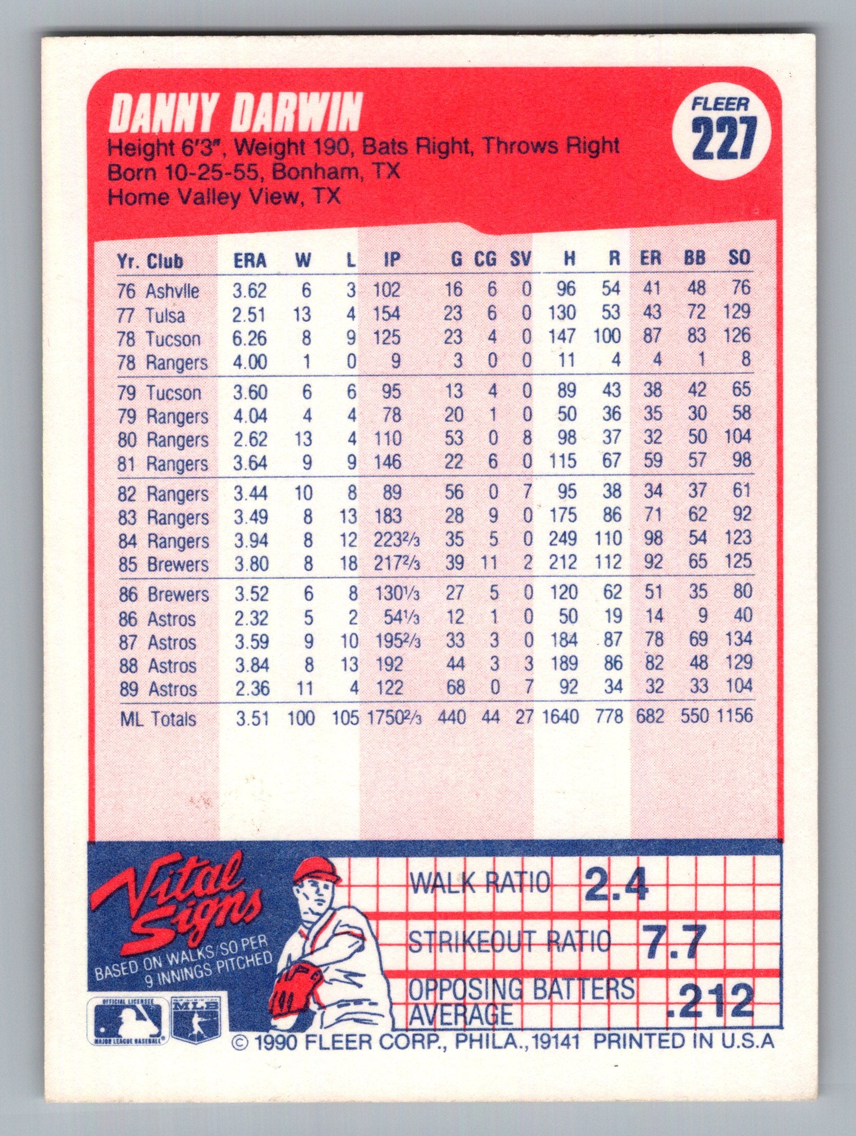 1990 Fleer #227 Danny Darwin