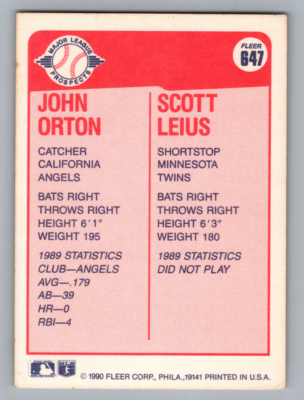 1990 Fleer #647 John Orton / Scott Leius
