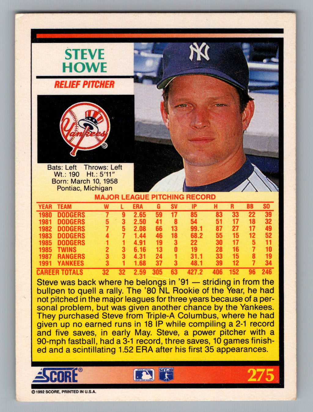 1992 Score #275 Steve Howe