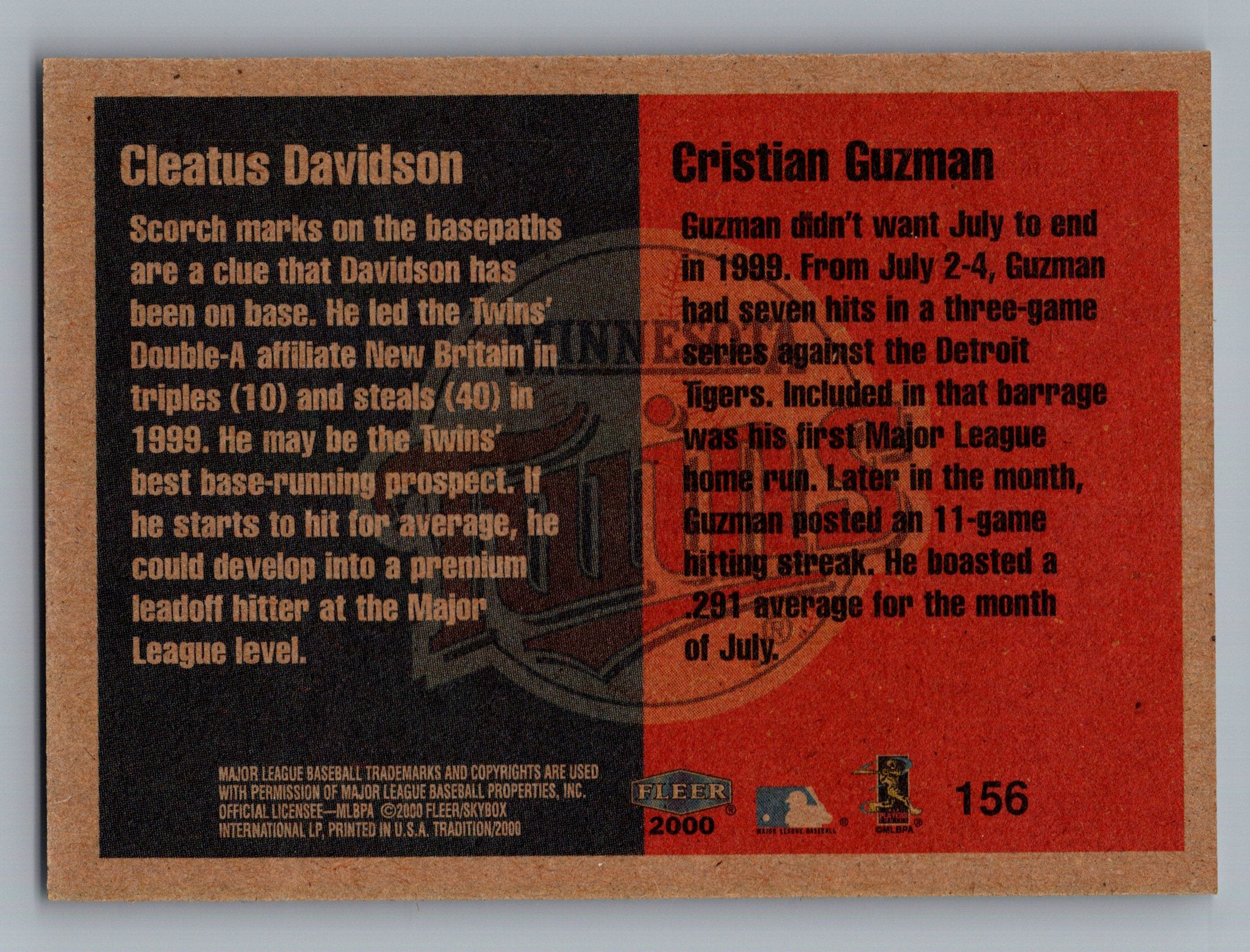 2000 Fleer Tradition Glossy #156 Cleatus Davidson / Cristian Guzman