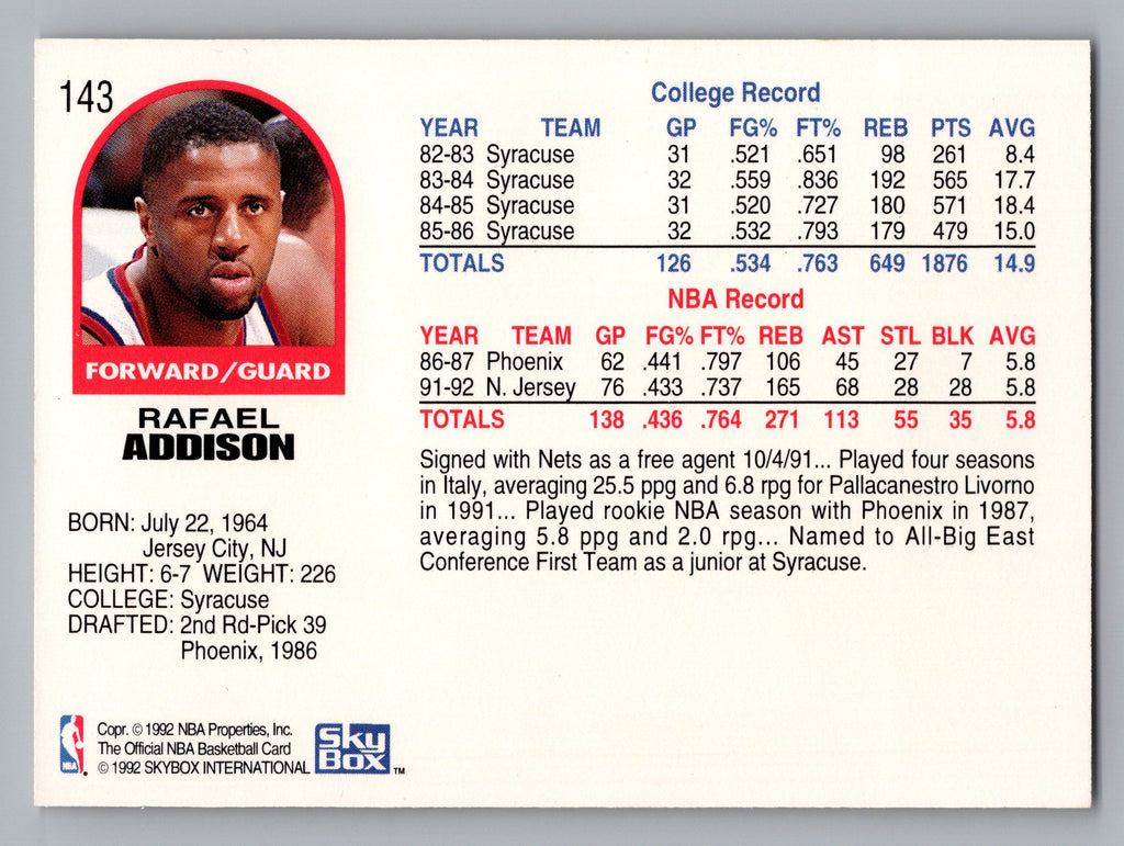 1992-93 Hoops #143 Rafael Addison