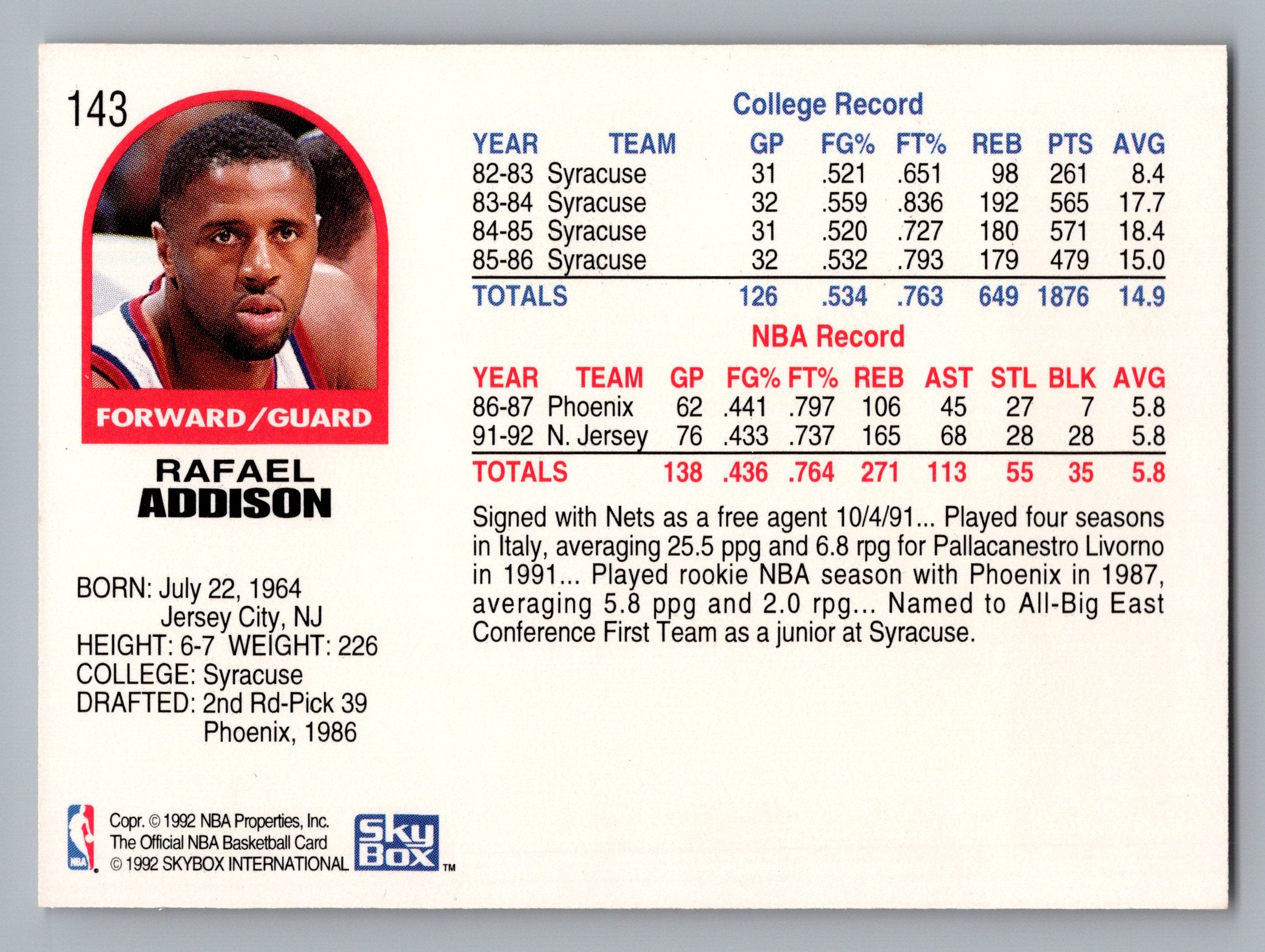 1992-93 Hoops #143 Rafael Addison