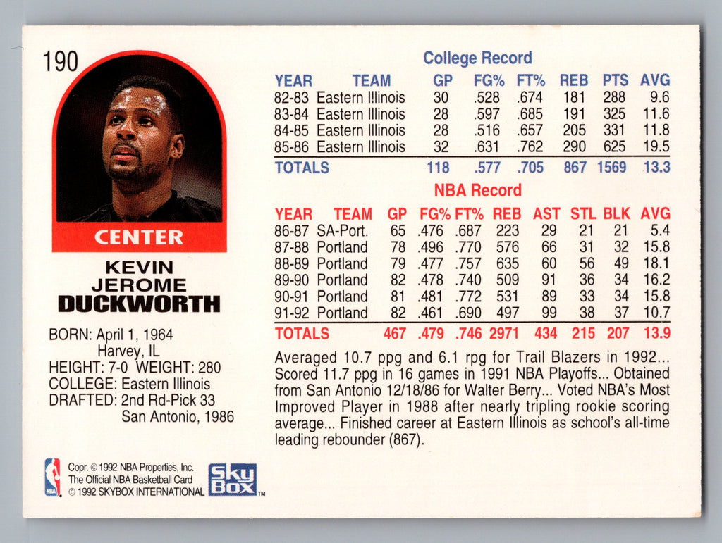 1992-93 Hoops #190 Kevin Duckworth