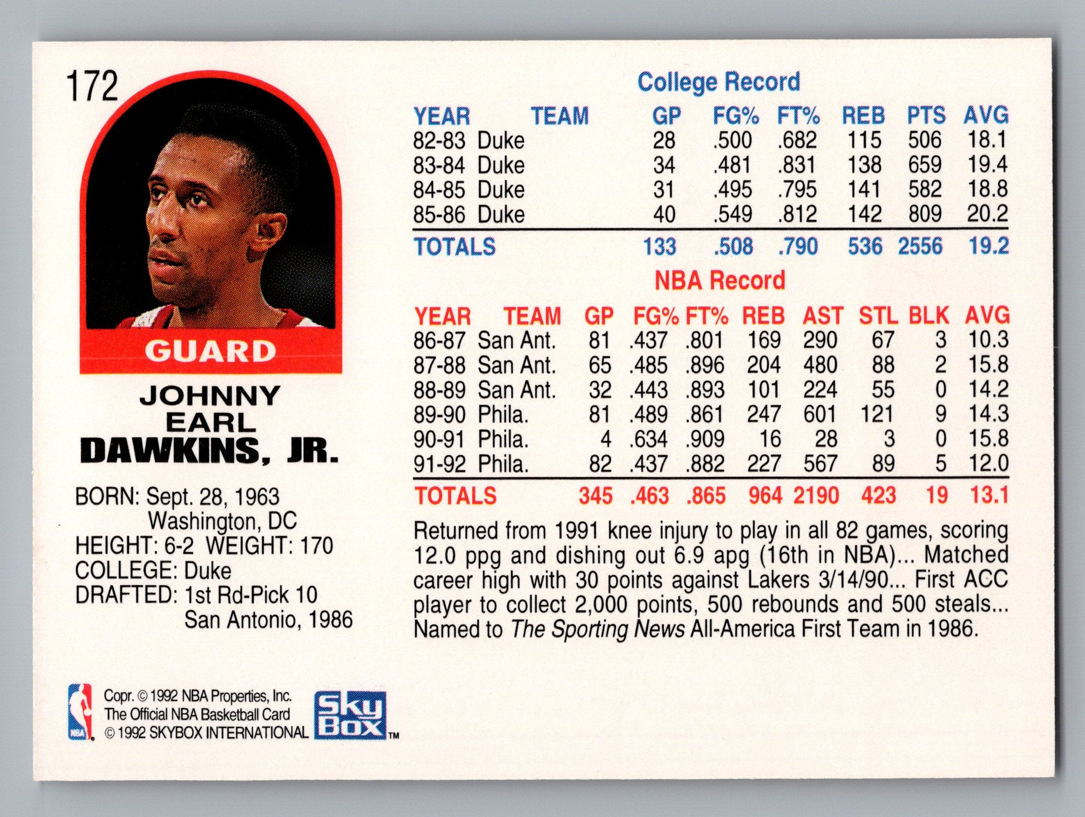1992-93 Hoops #172 Johnny Dawkins