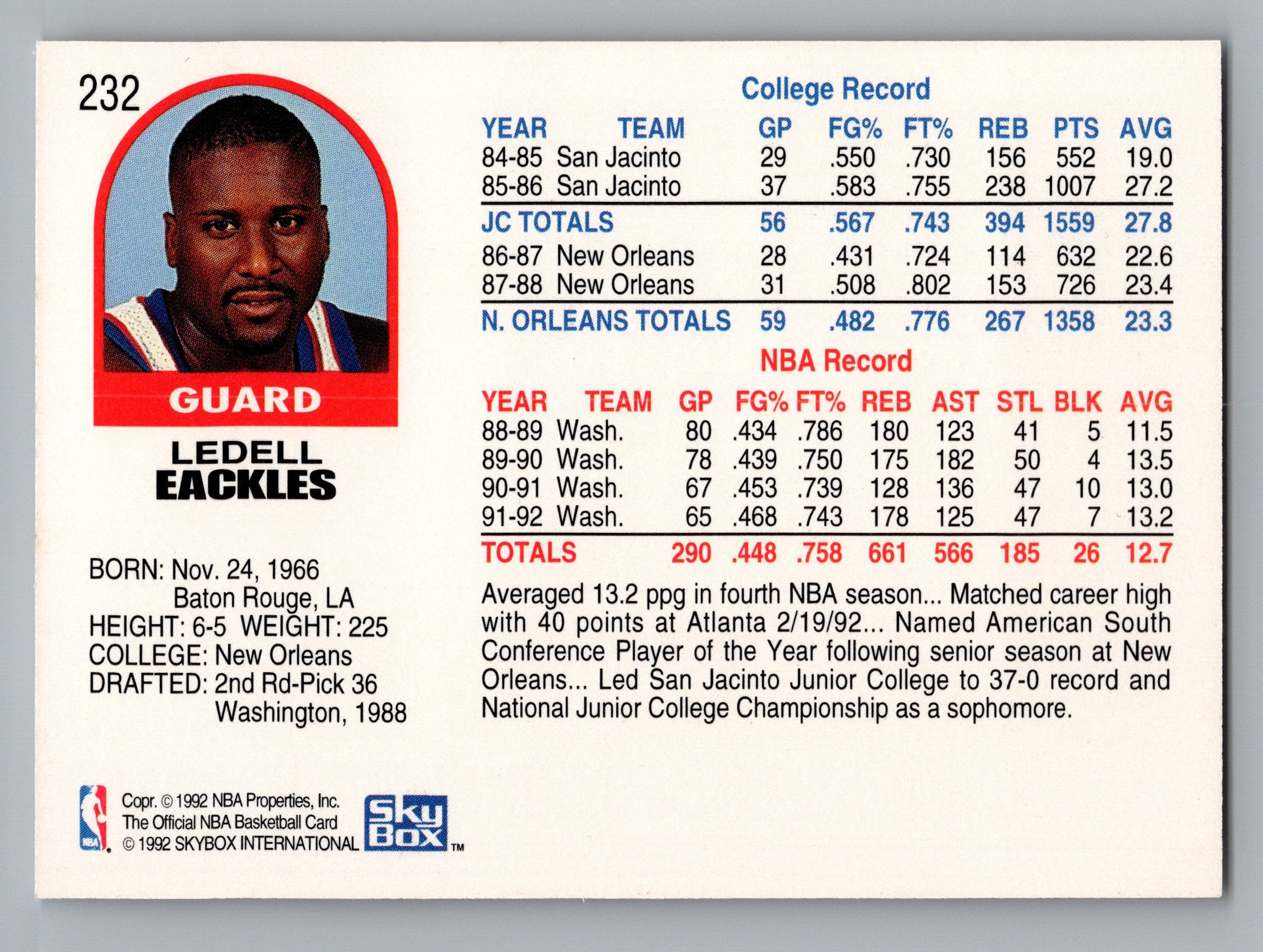 1992-93 Hoops #232 Ledell Eackles