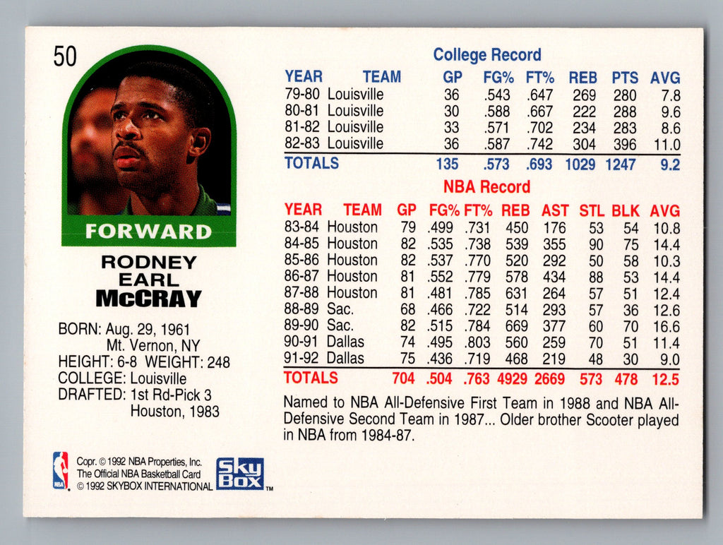1992-93 Hoops #50 Rodney McCray