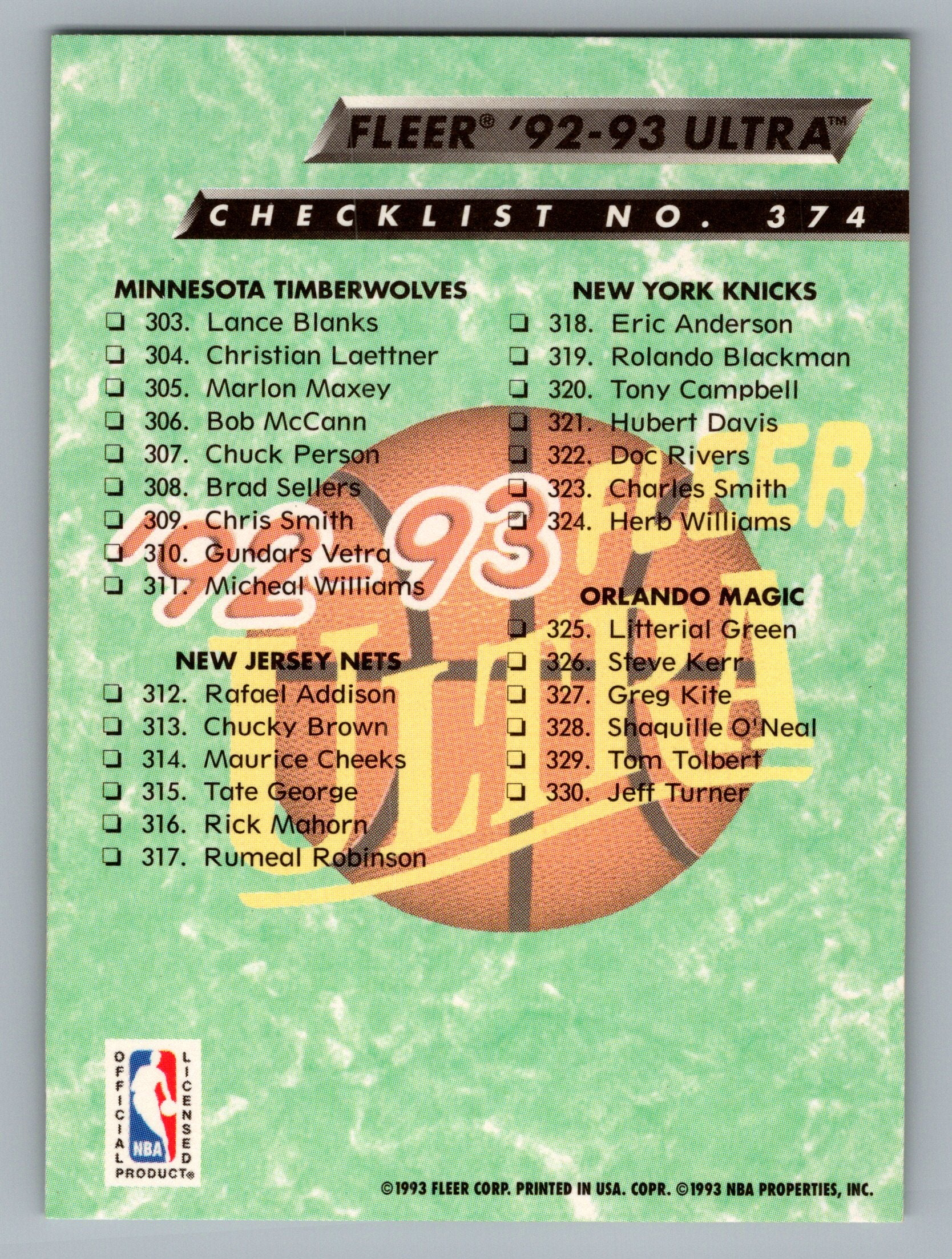 1992-93 Ultra #374 Checklist: 267-330