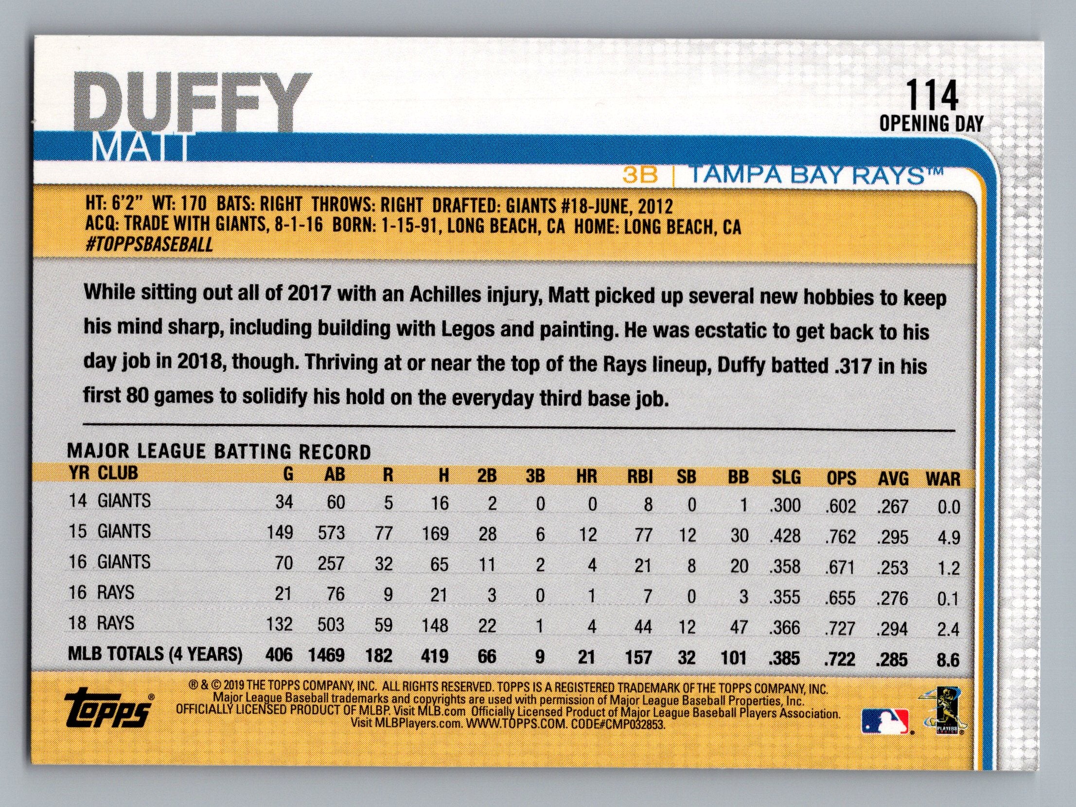 2019 Topps Opening Day #114 Matt Duffy