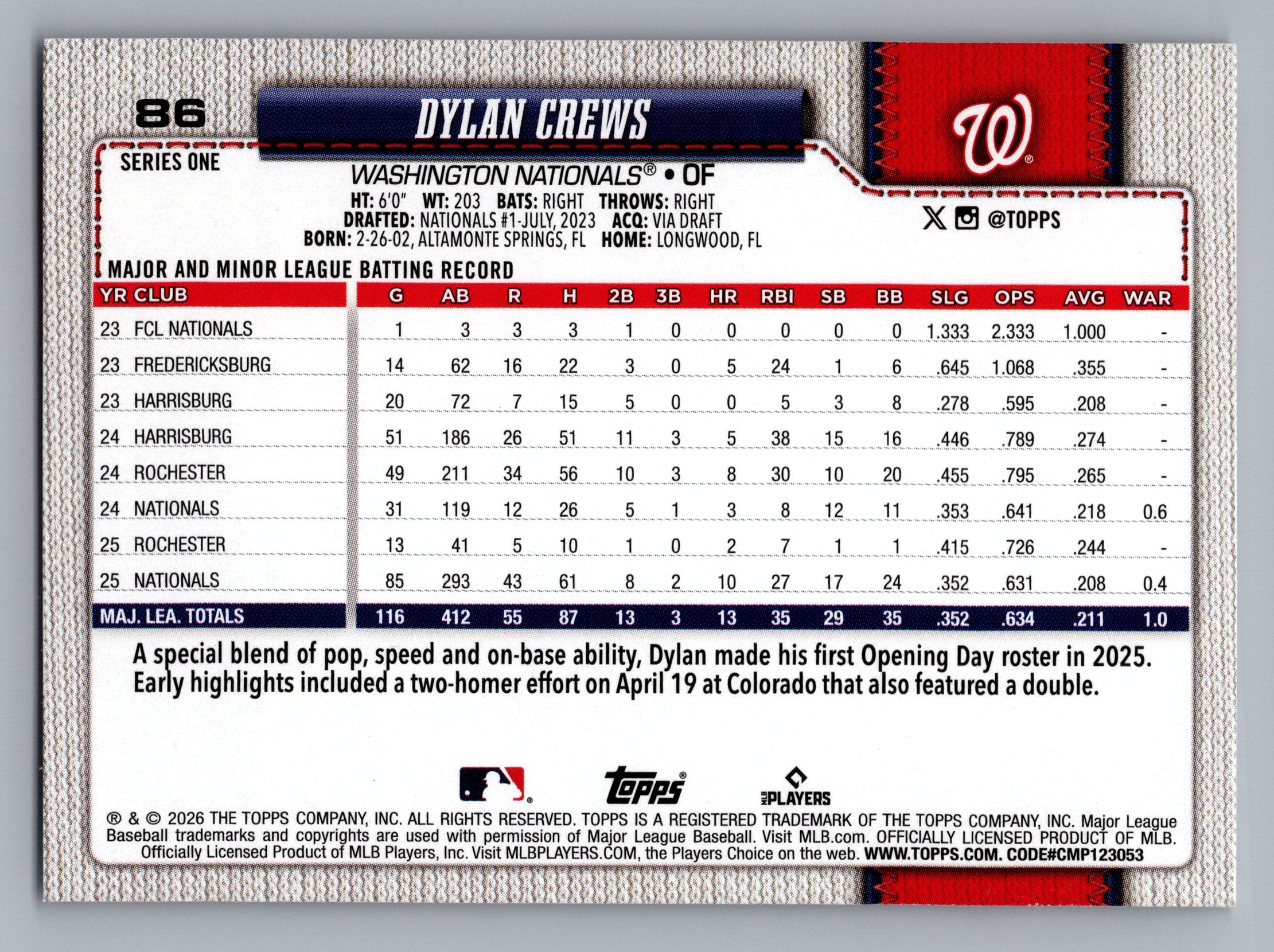 2026 Topps #86 Dylan Crews Spring Training