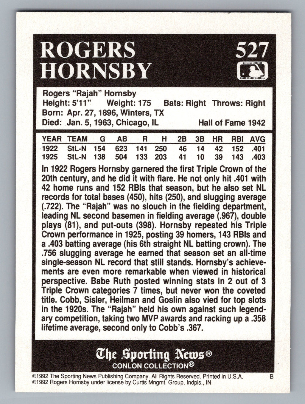1992 Conlon Collection TSN #527 Rogers Hornsby