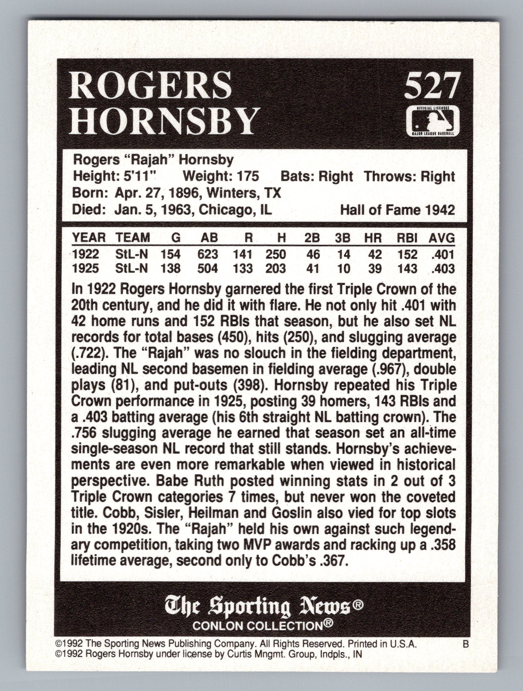 1992 Conlon Collection TSN #527 Rogers Hornsby