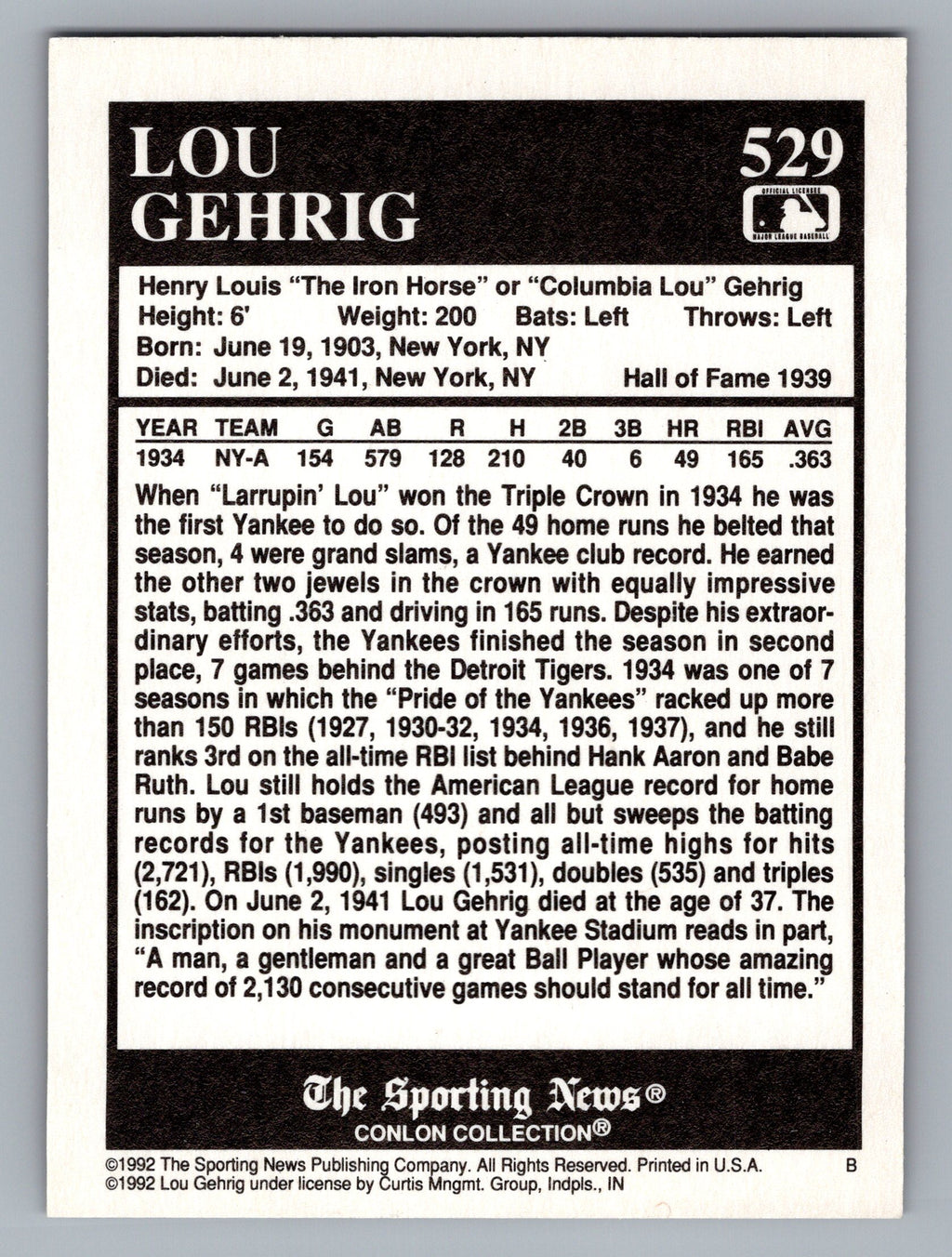 1992 Conlon Collection TSN #529 Lou Gehrig