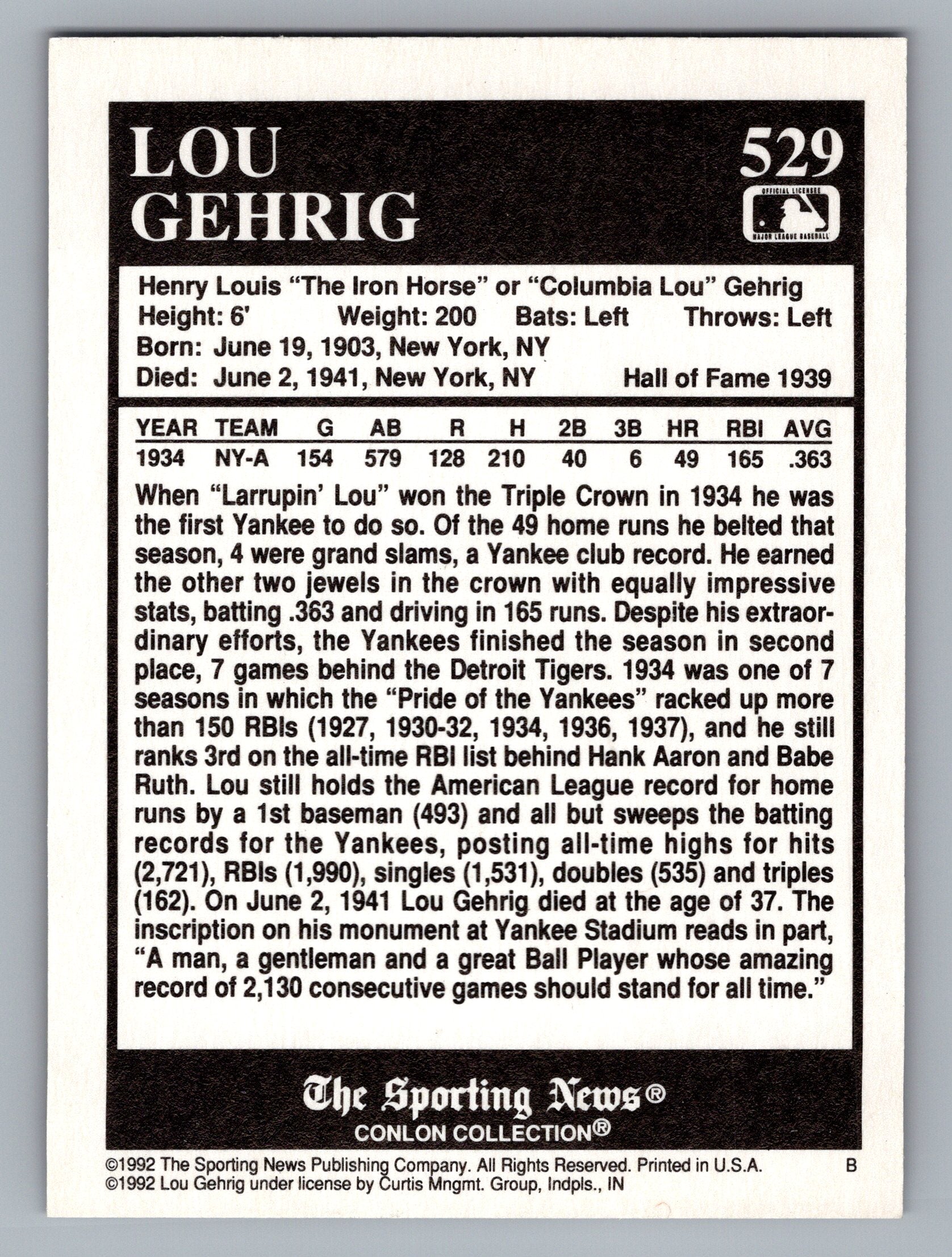 1992 Conlon Collection TSN #529 Lou Gehrig
