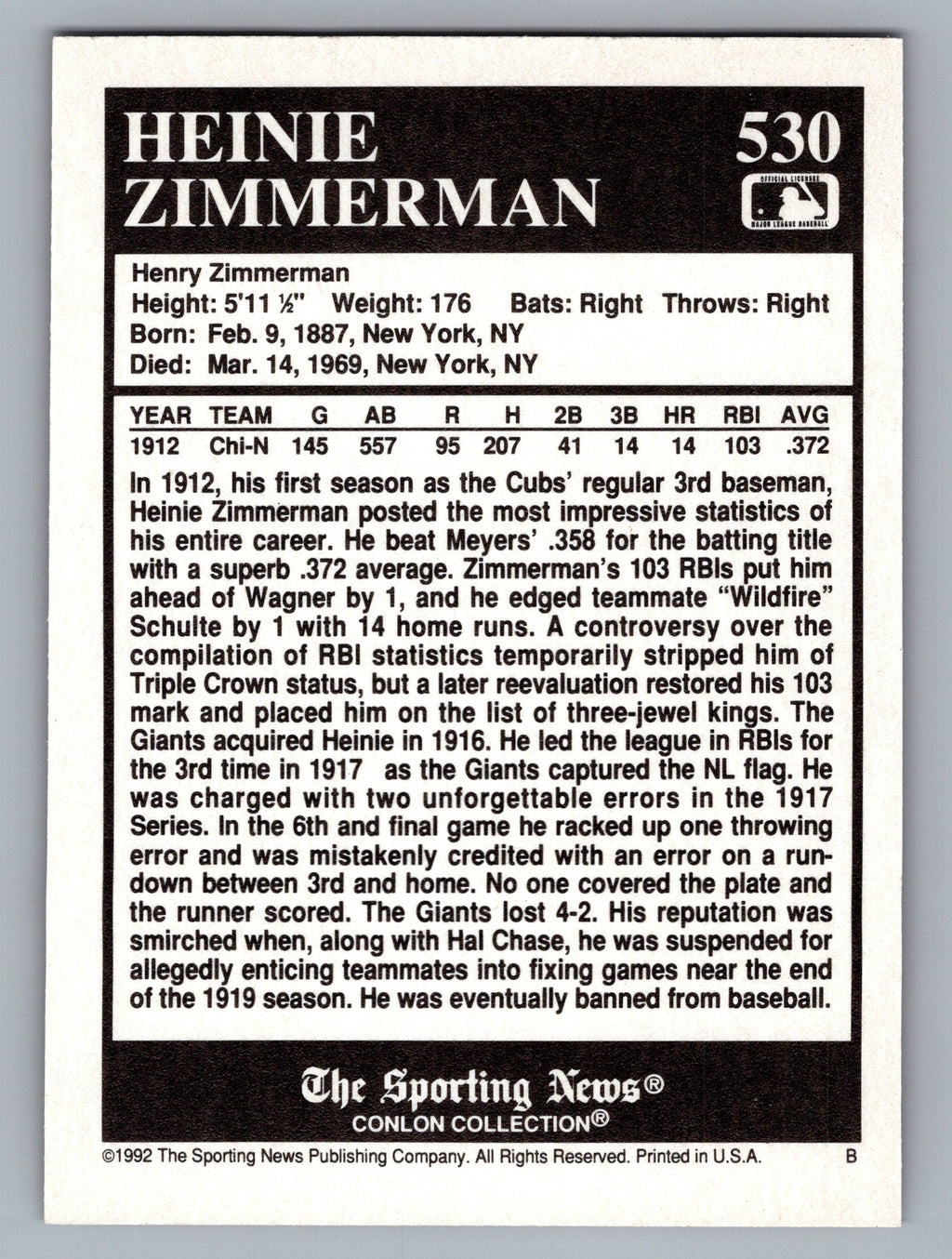 1992 Conlon Collection TSN #530 Heinie Zimmerman