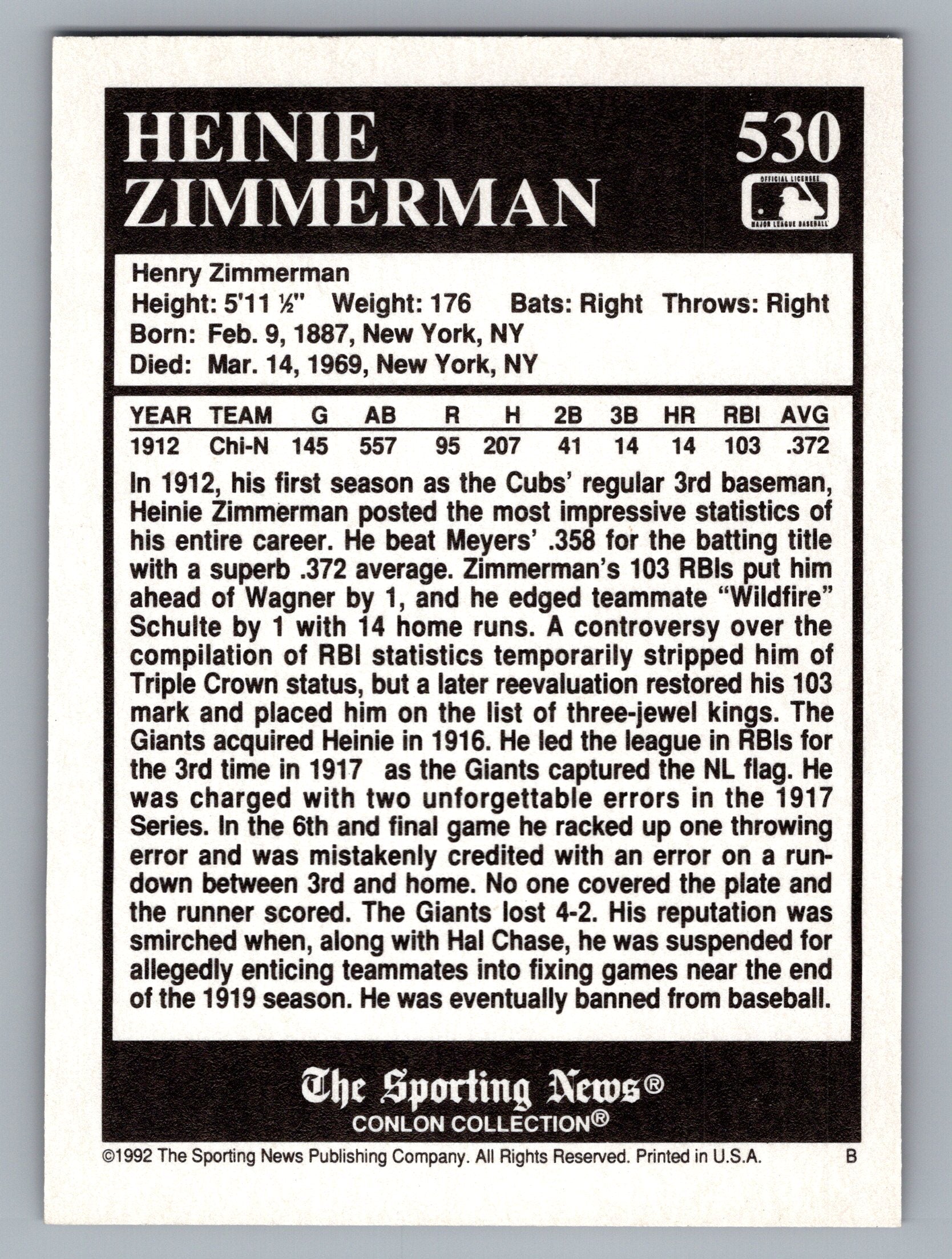 1992 Conlon Collection TSN #530 Heinie Zimmerman