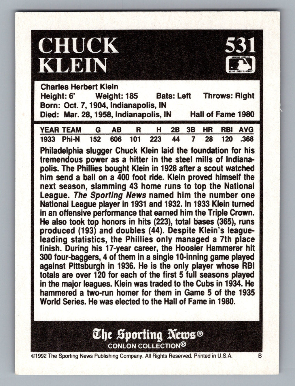 1992 Conlon Collection TSN #531 Chuck Klein