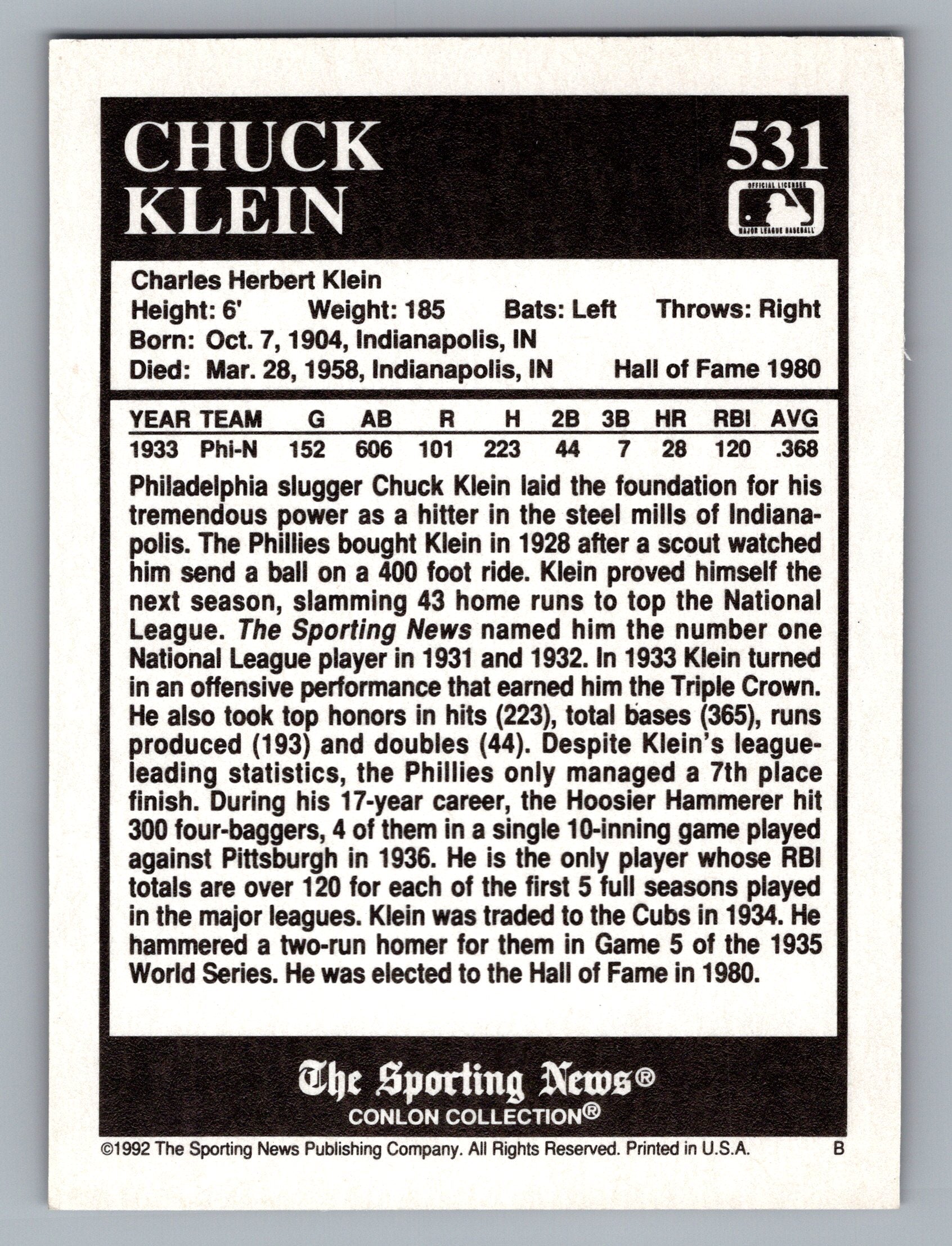 1992 Conlon Collection TSN #531 Chuck Klein