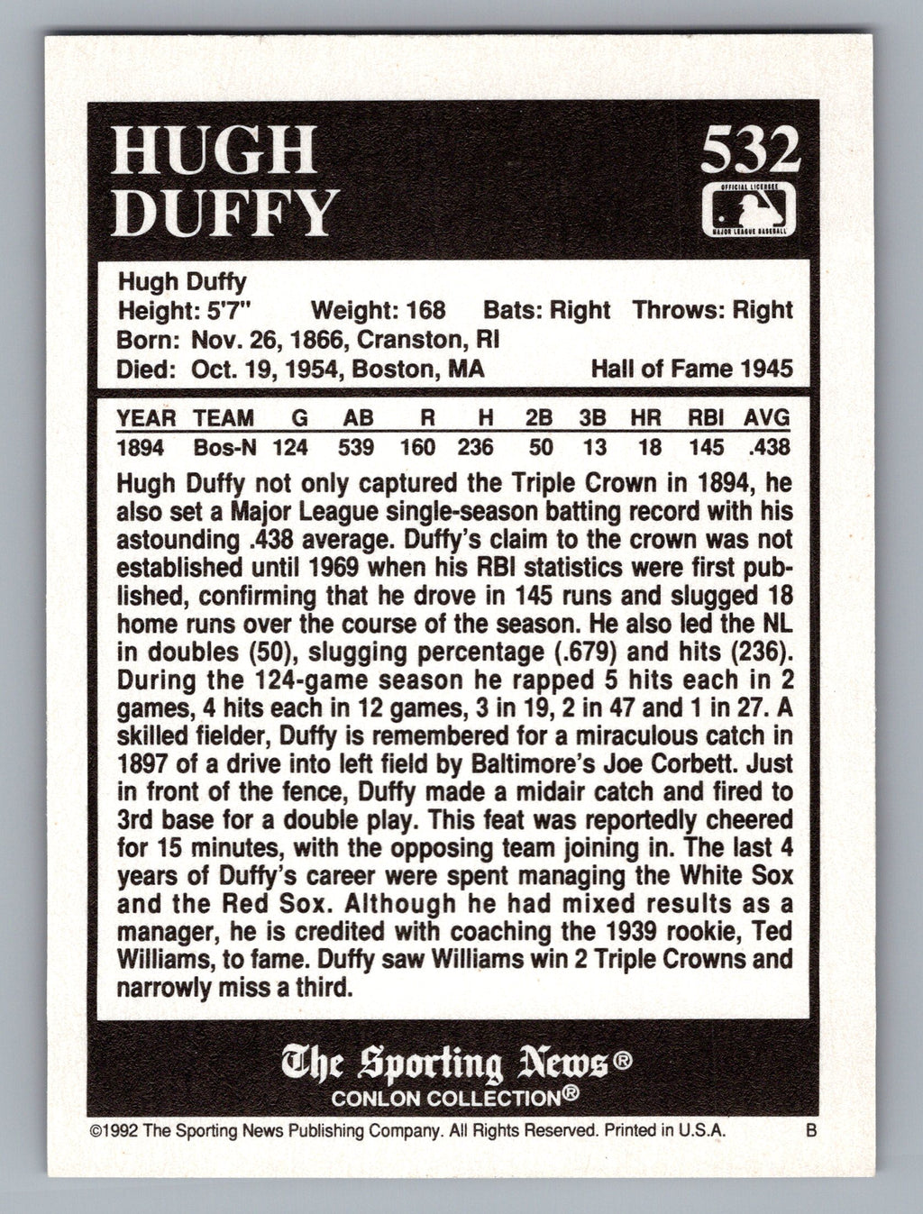 1992 Conlon Collection TSN #532 Hugh Duffy