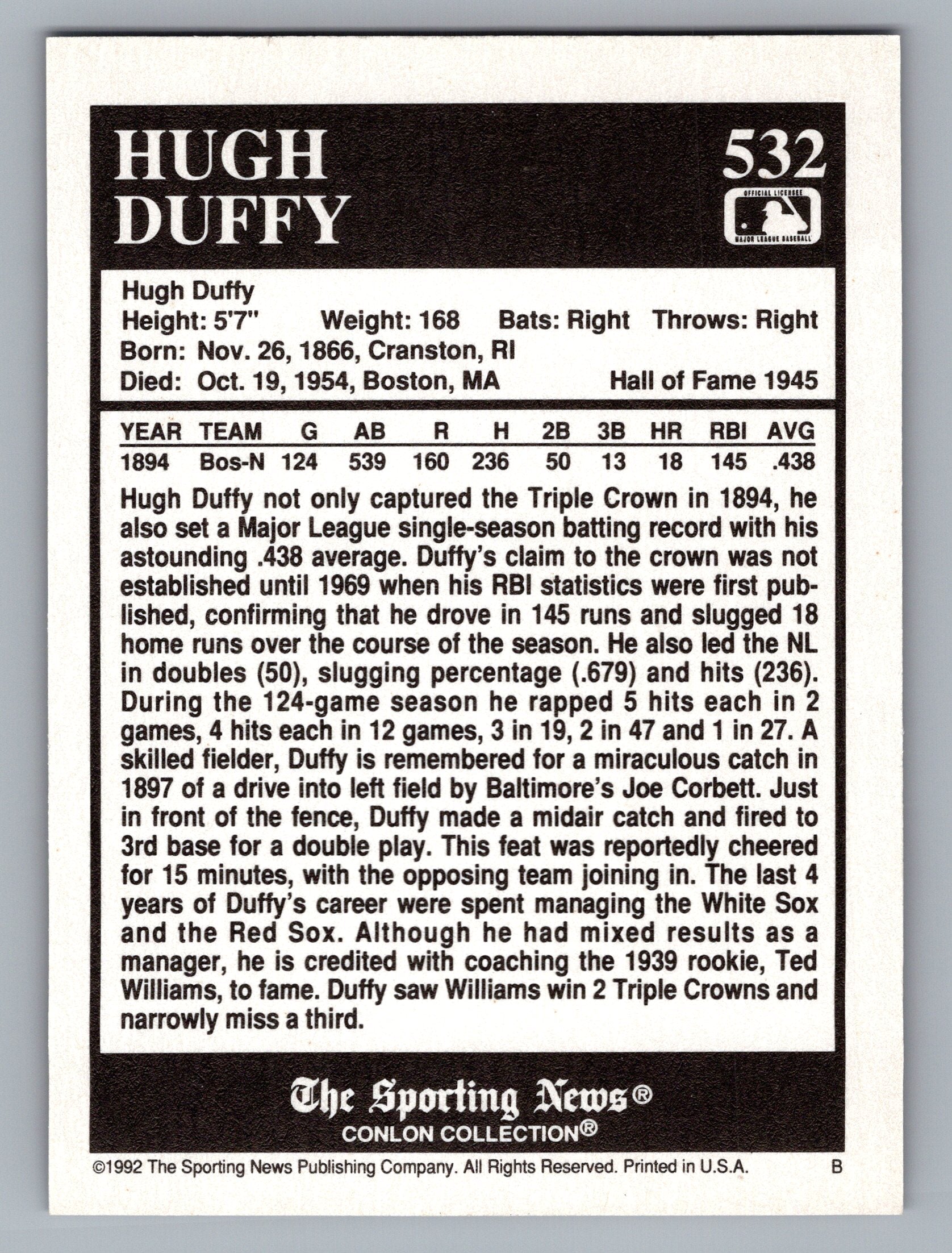 1992 Conlon Collection TSN #532 Hugh Duffy