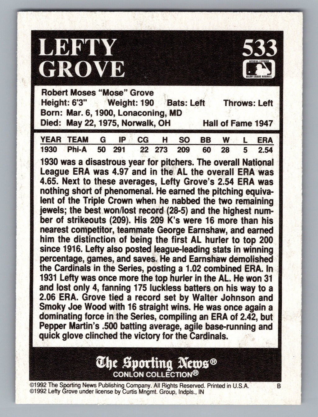 1992 Conlon Collection TSN #533 Lefty Grove