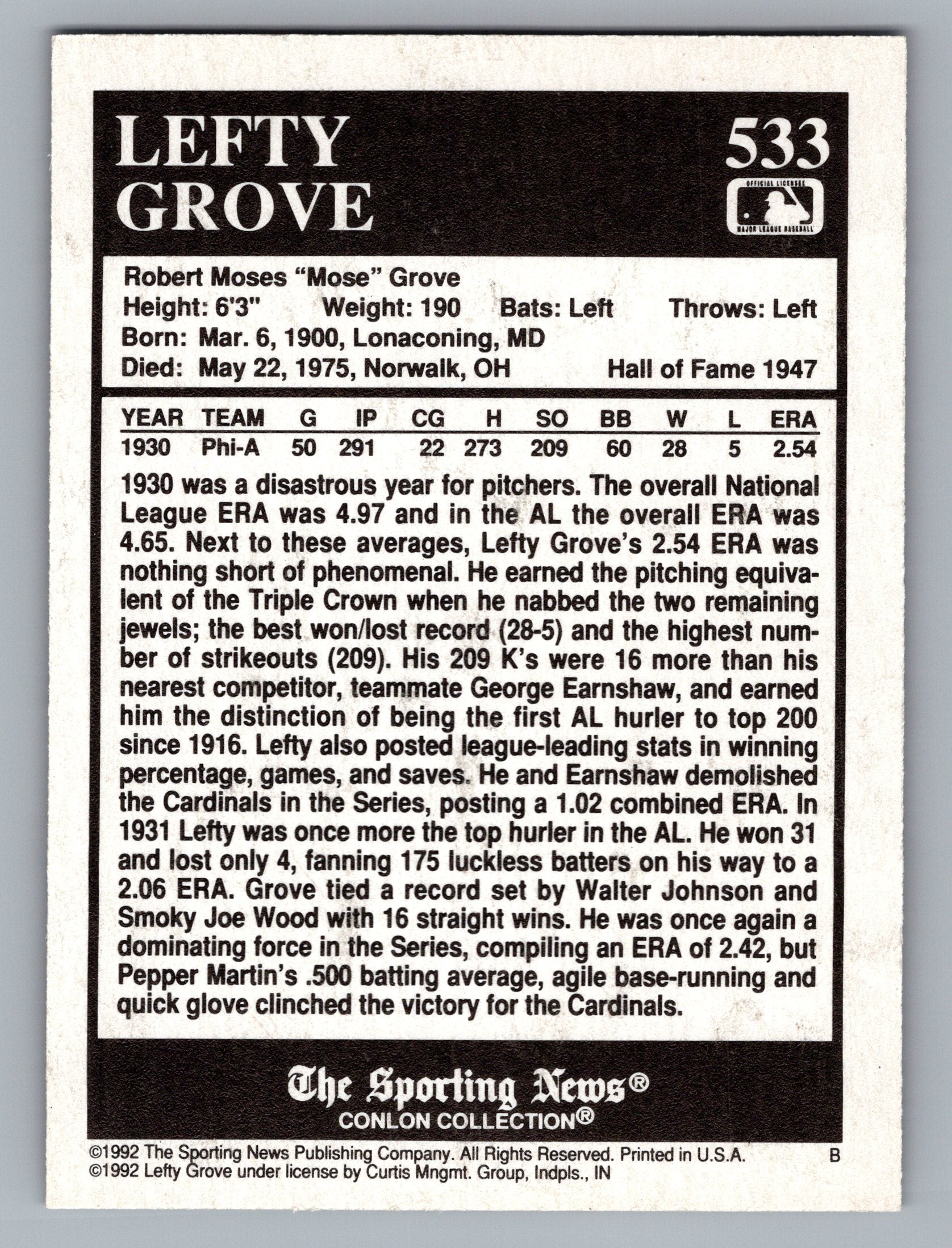 1992 Conlon Collection TSN #533 Lefty Grove