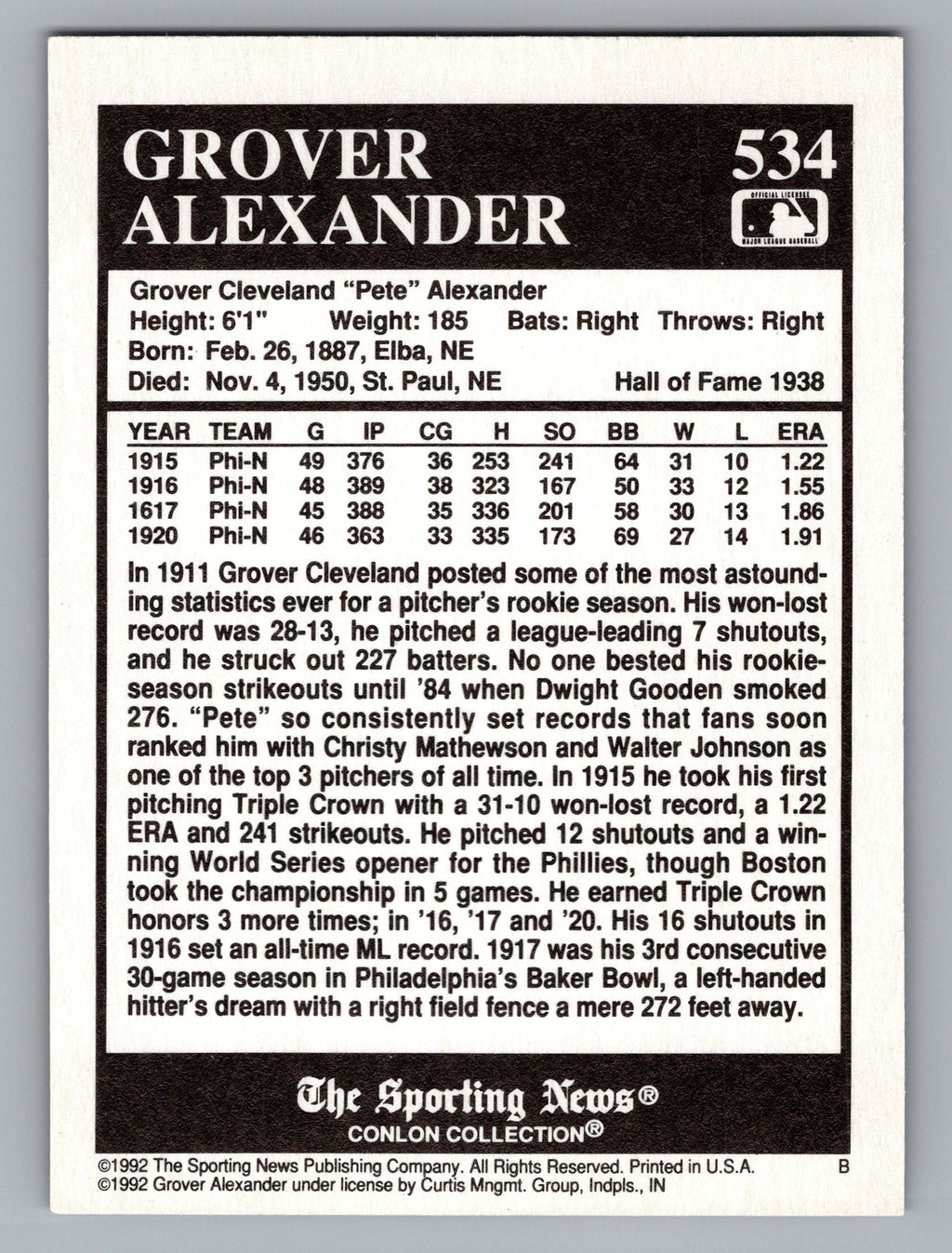 1992 Conlon Collection TSN #534 Grover Alexander