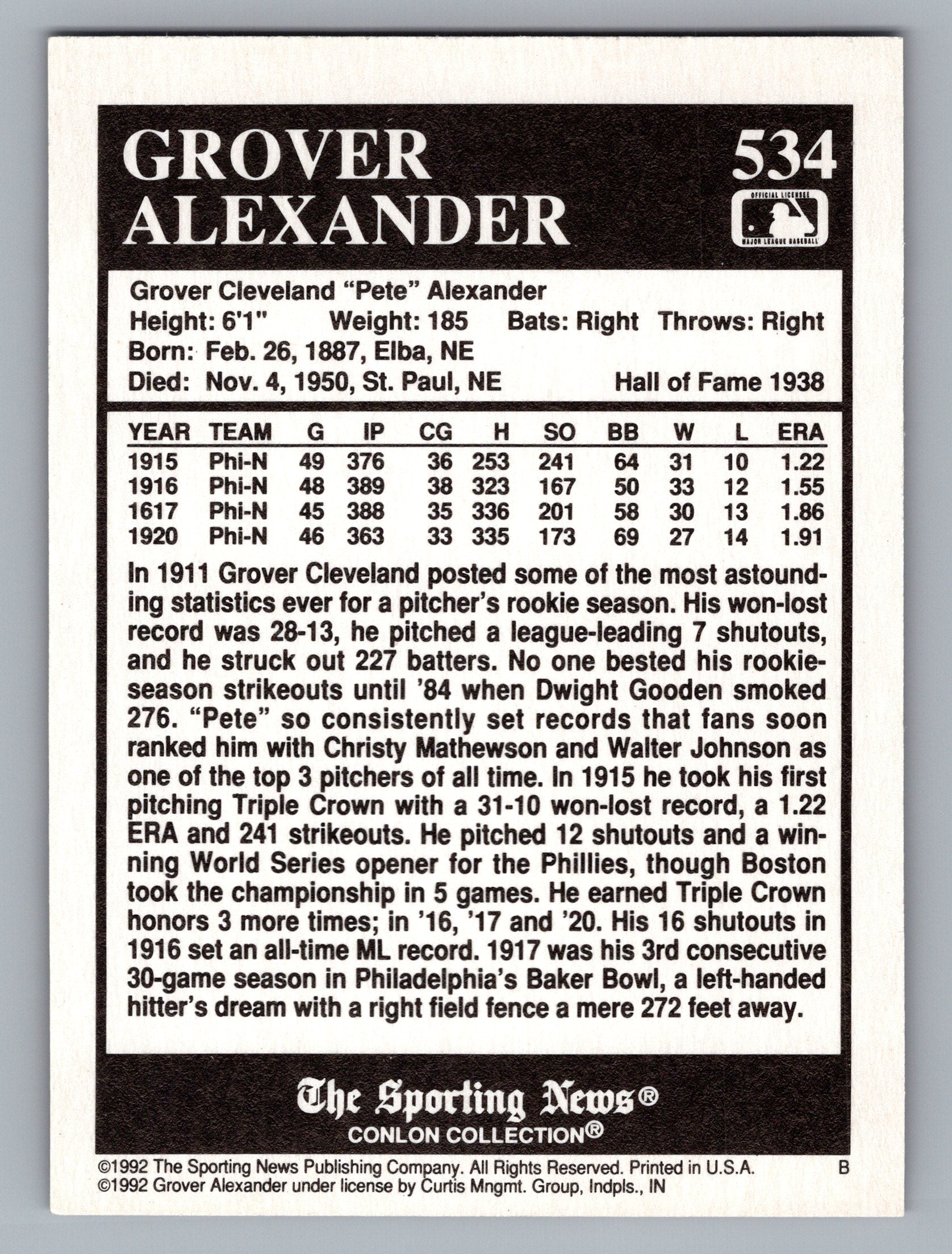 1992 Conlon Collection TSN #534 Grover Alexander