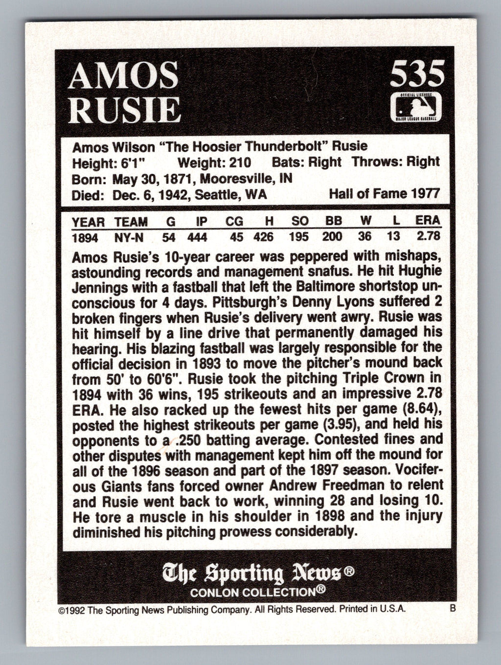 1992 Conlon Collection TSN #535 Amos Rusie