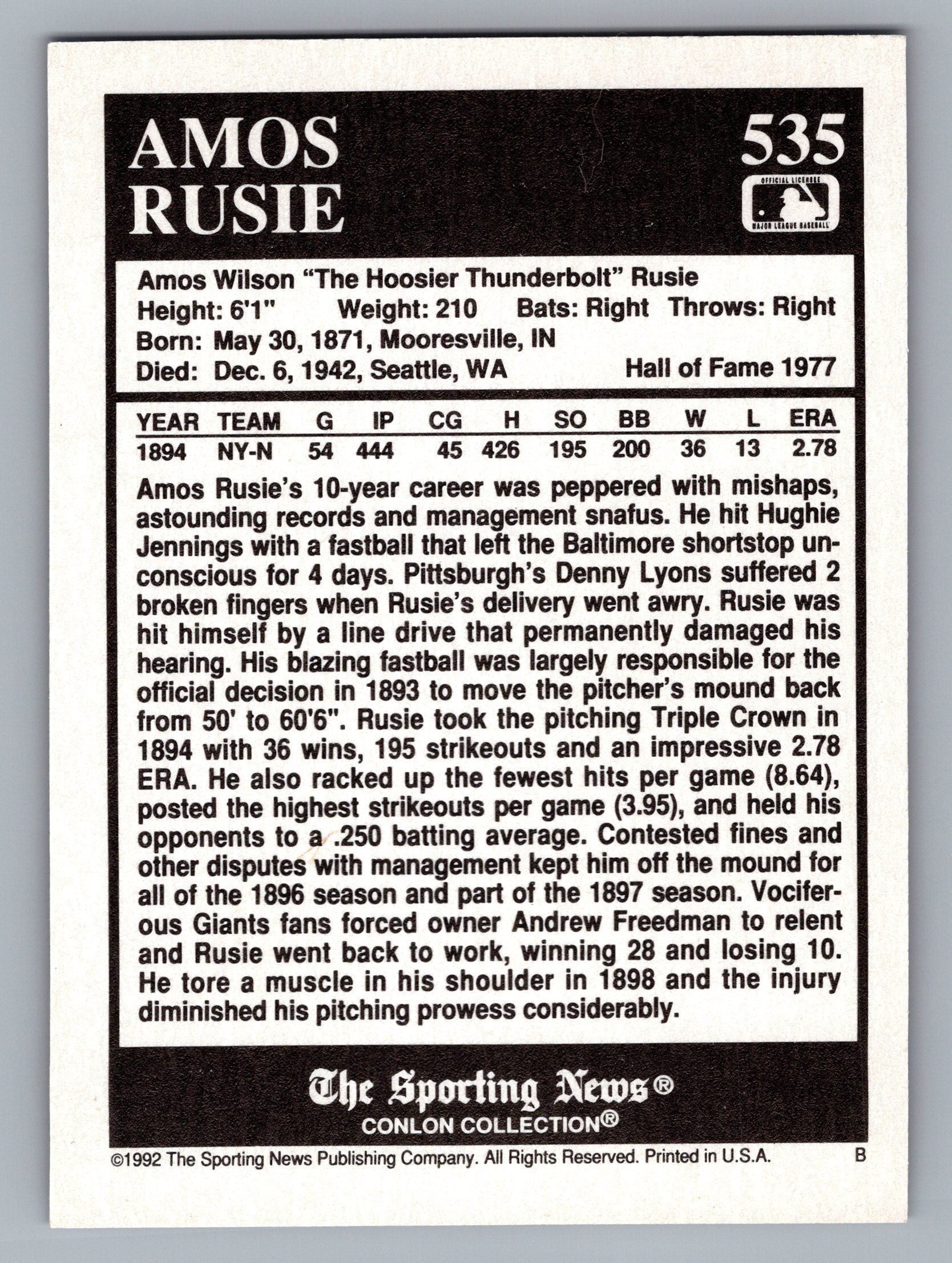 1992 Conlon Collection TSN #535 Amos Rusie
