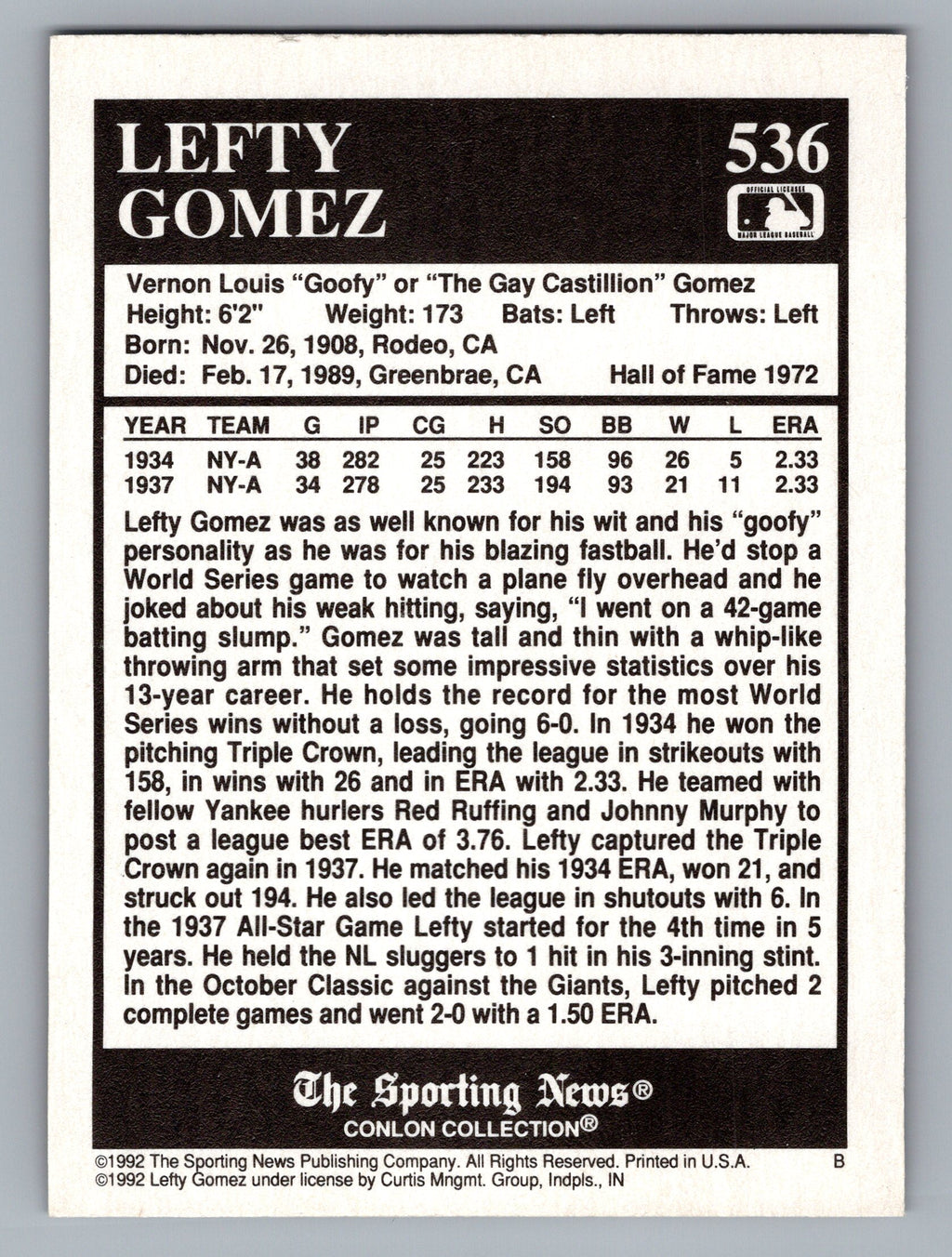 1992 Conlon Collection TSN #536 Lefty Gomez