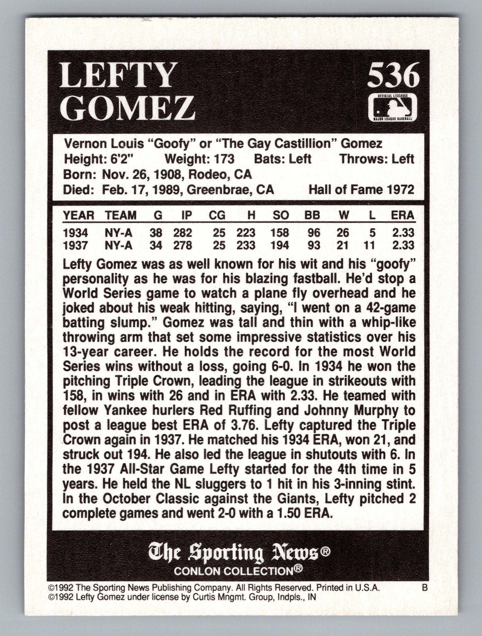 1992 Conlon Collection TSN #536 Lefty Gomez
