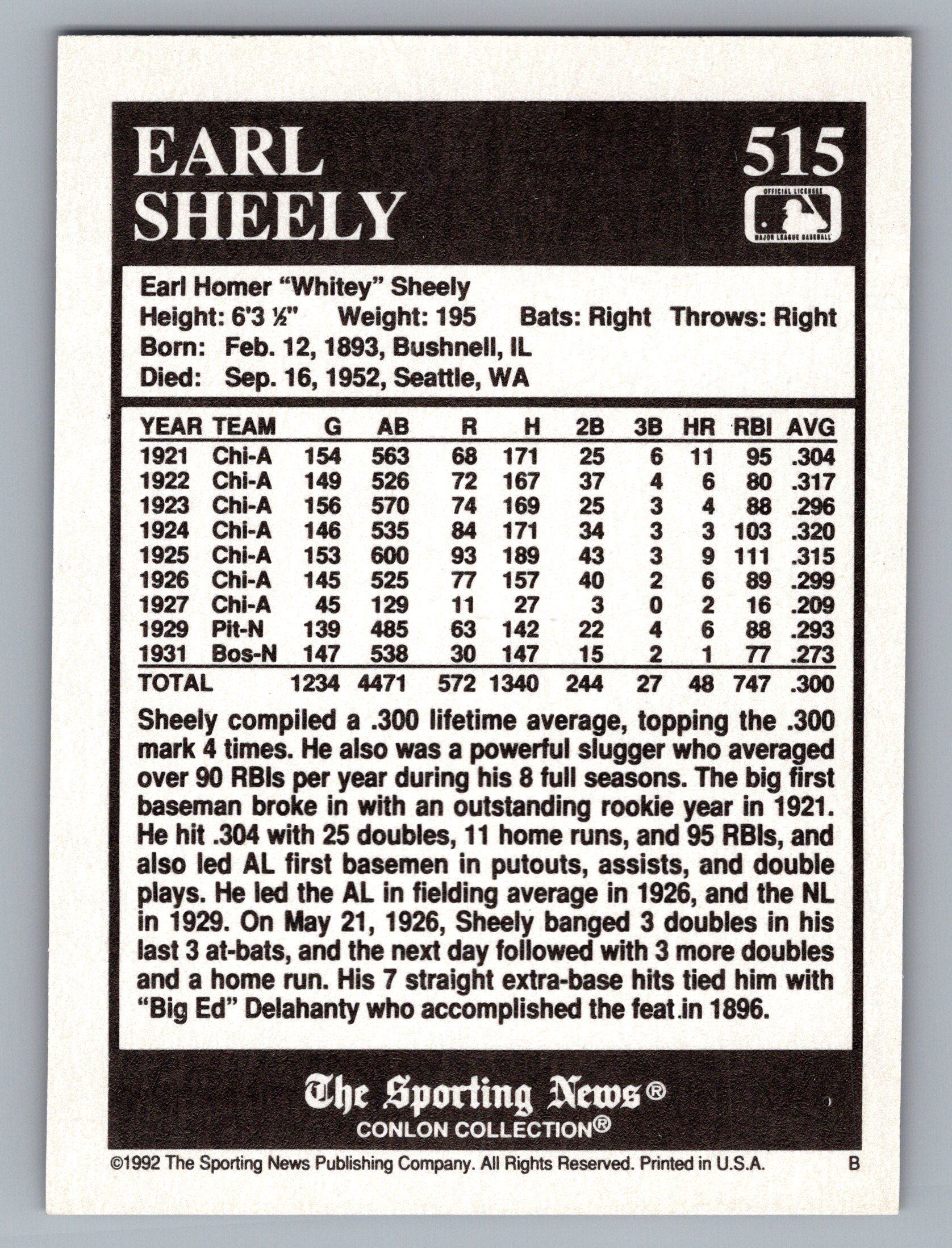 1992 Conlon Collection TSN #515 Earl Sheely