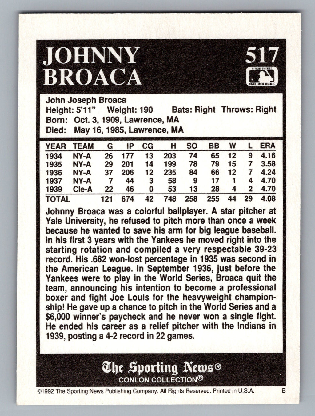 1992 Conlon Collection TSN #517 Johnny Broaca