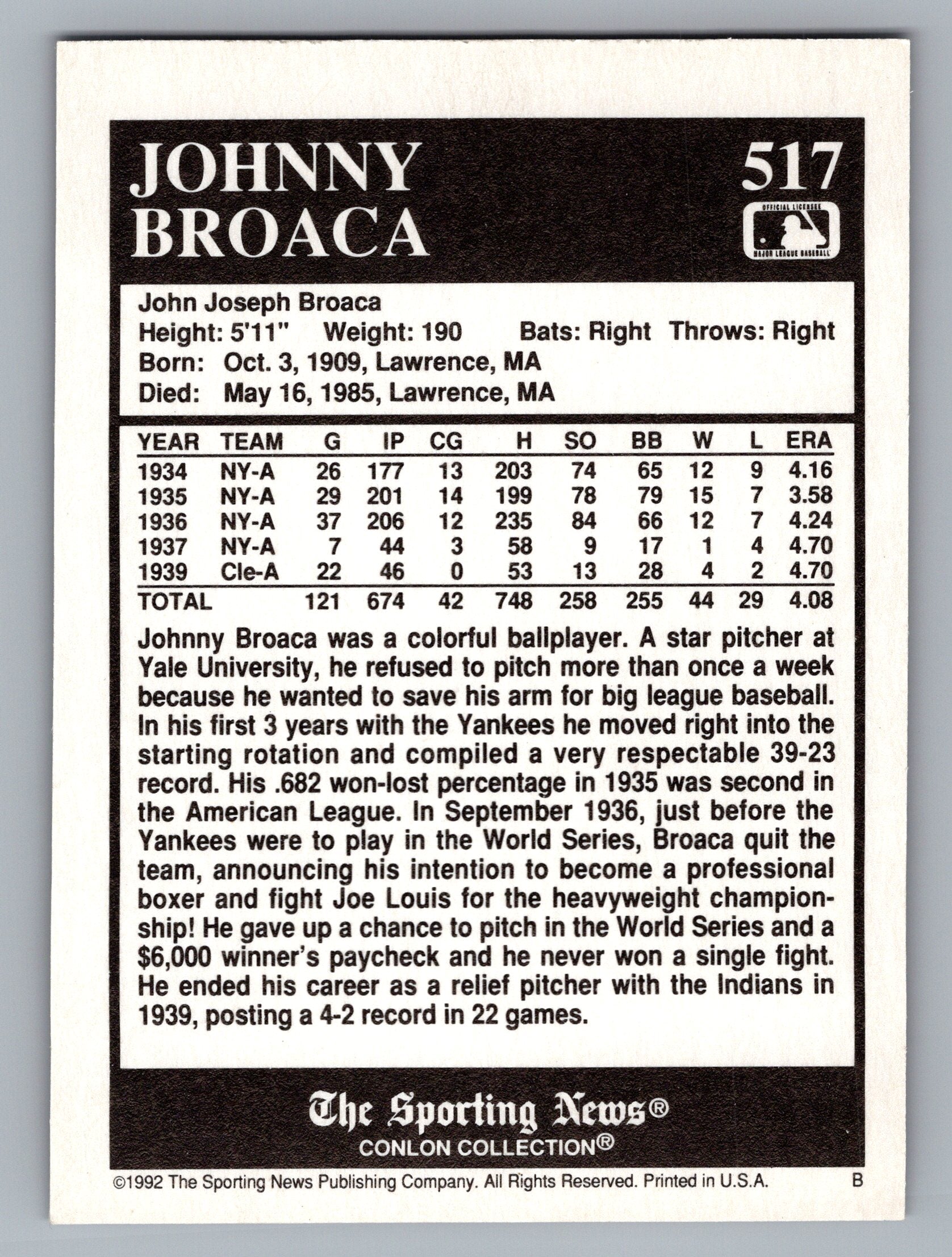 1992 Conlon Collection TSN #517 Johnny Broaca