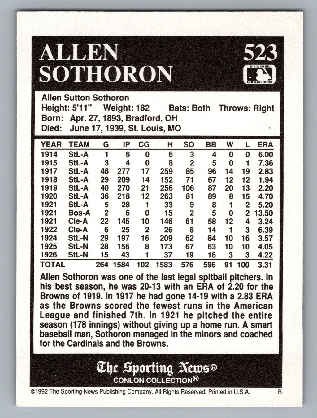 1992 Conlon Collection TSN #523 Allen Sothoron