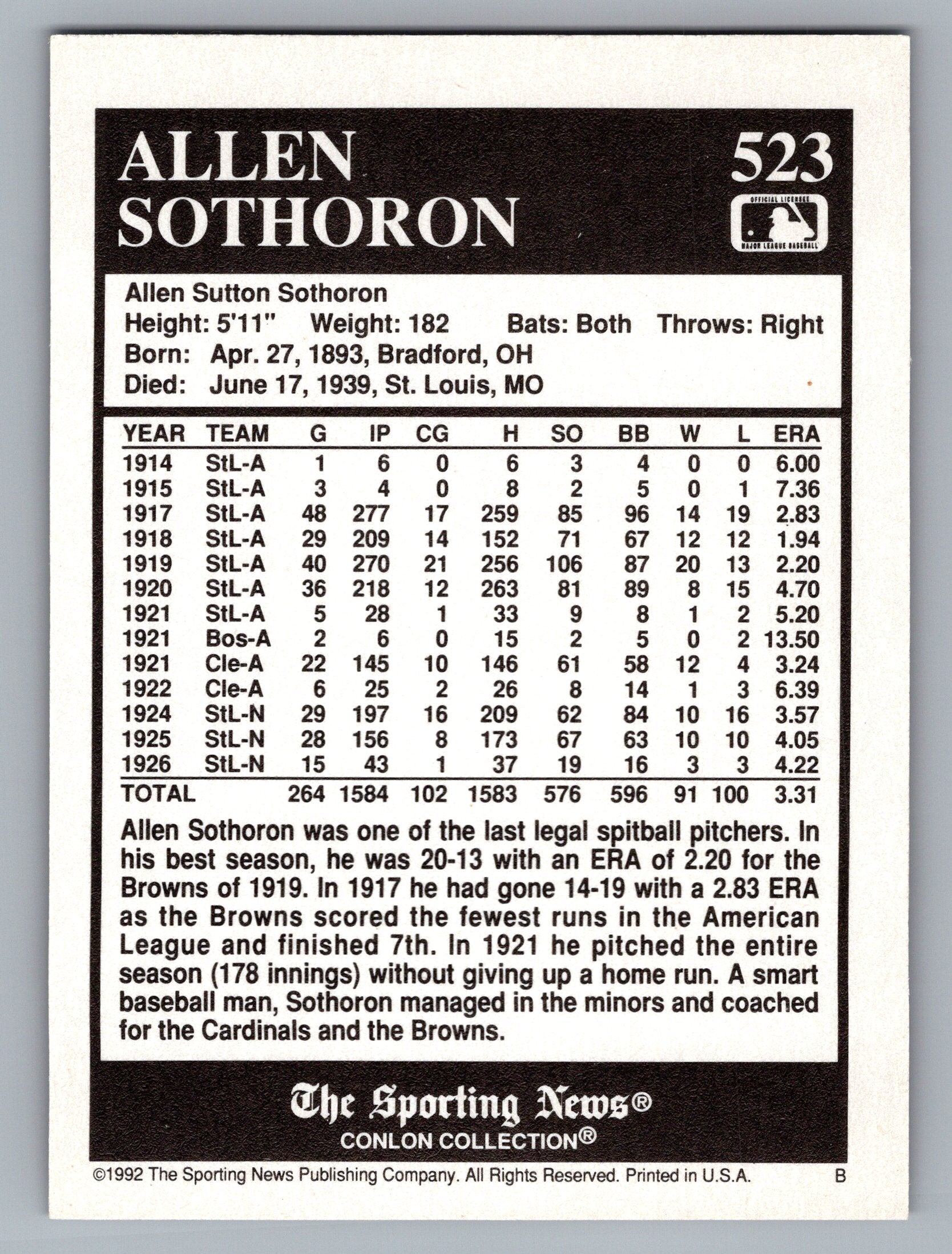 1992 Conlon Collection TSN #523 Allen Sothoron
