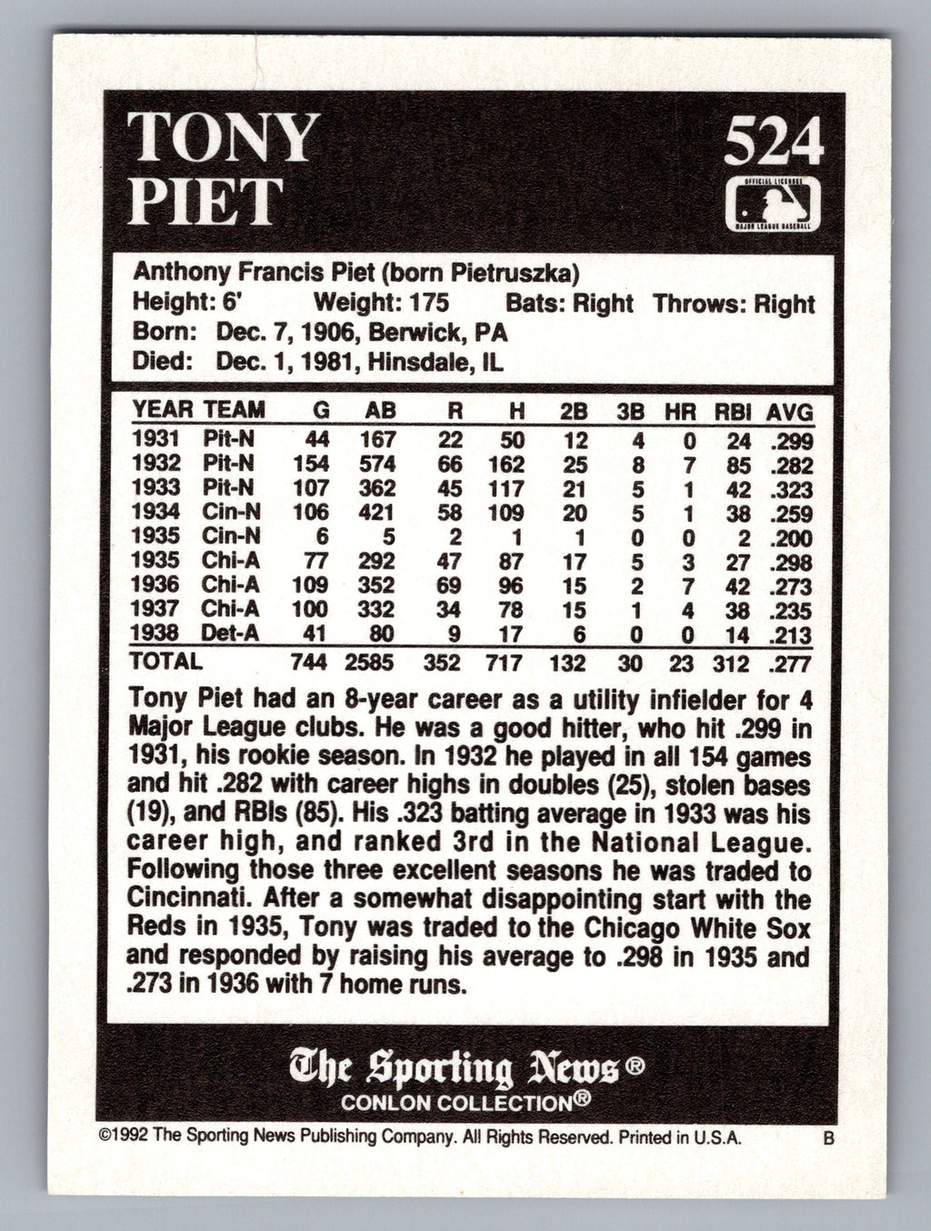 1992 Conlon Collection TSN #524 Tony Piet