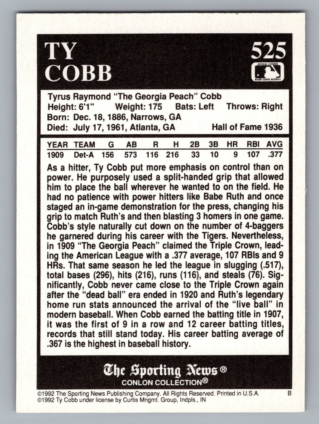 1992 Conlon Collection TSN #525 Ty Cobb