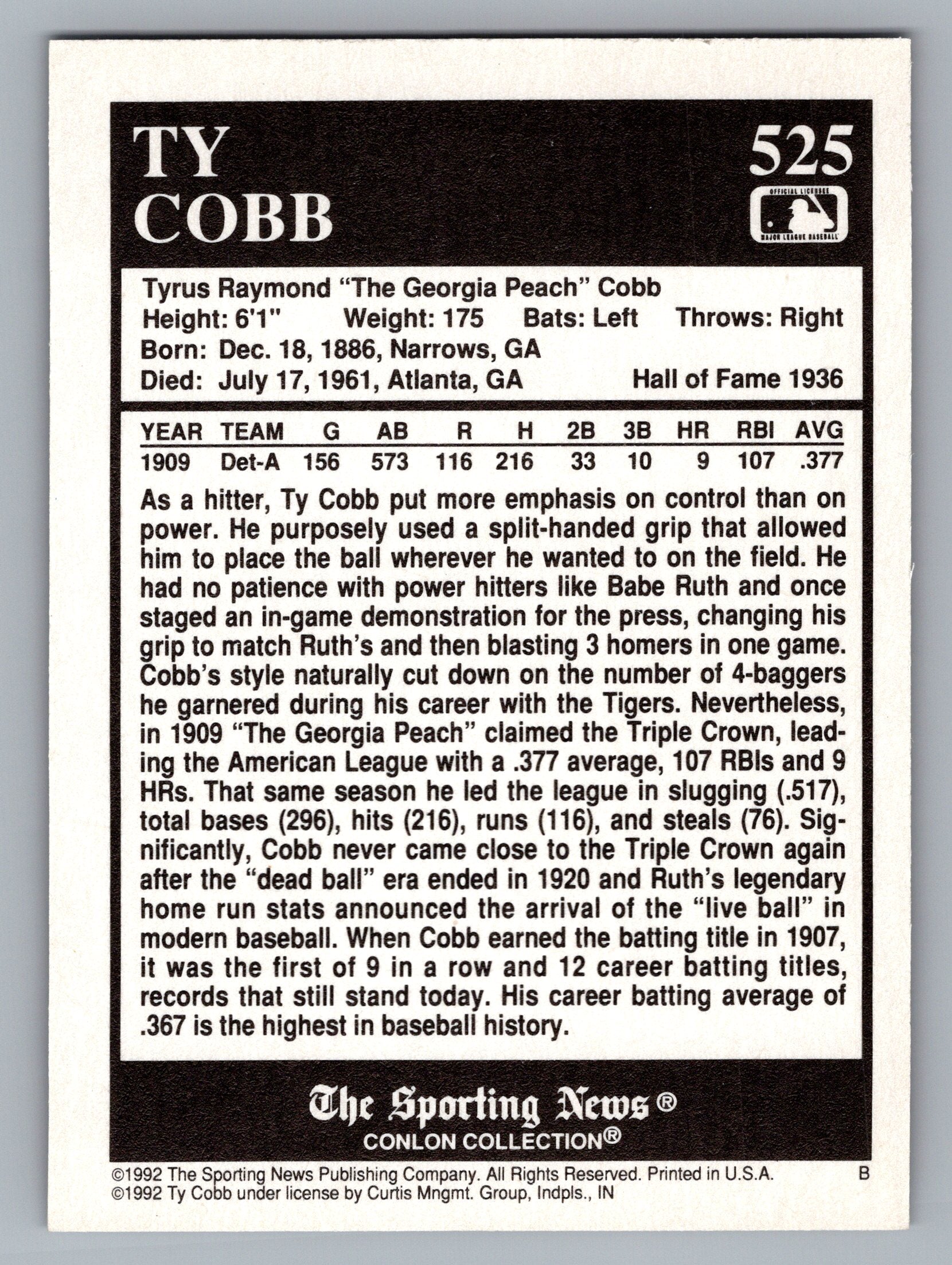 1992 Conlon Collection TSN #525 Ty Cobb