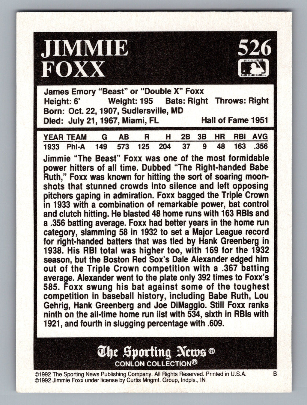 1992 Conlon Collection TSN #526 Jimmie Foxx