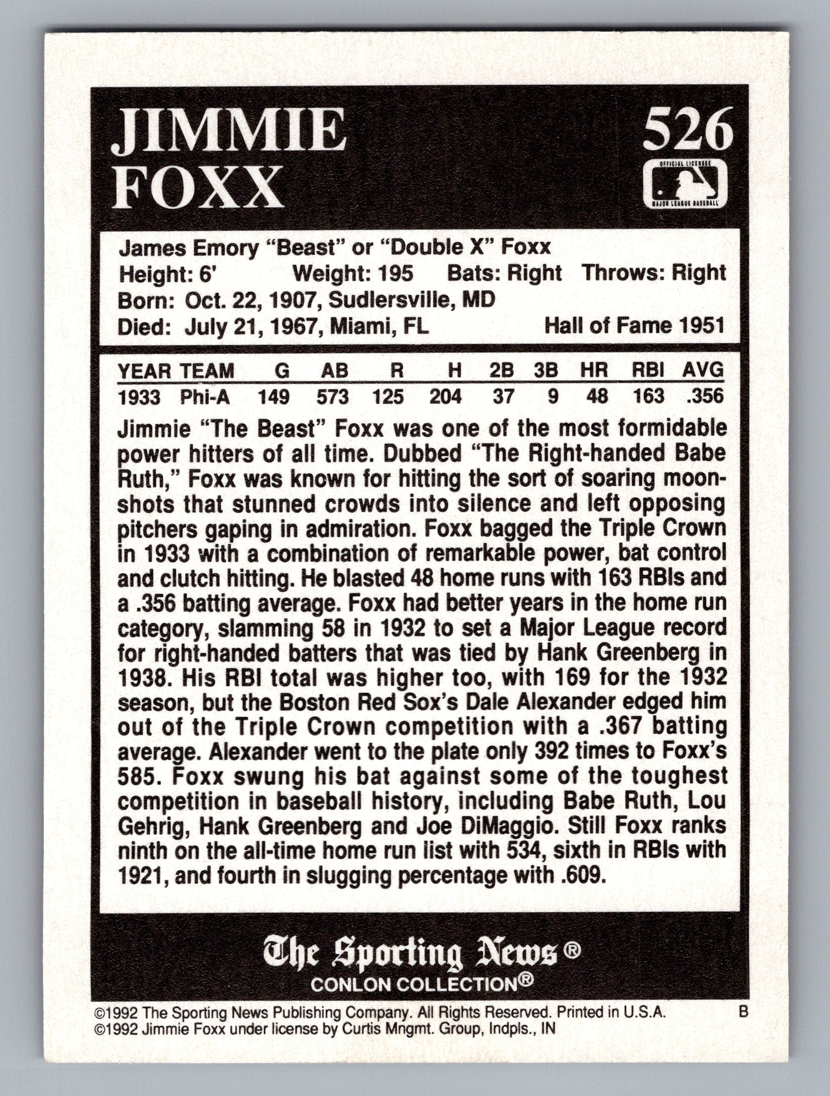 1992 Conlon Collection TSN #526 Jimmie Foxx
