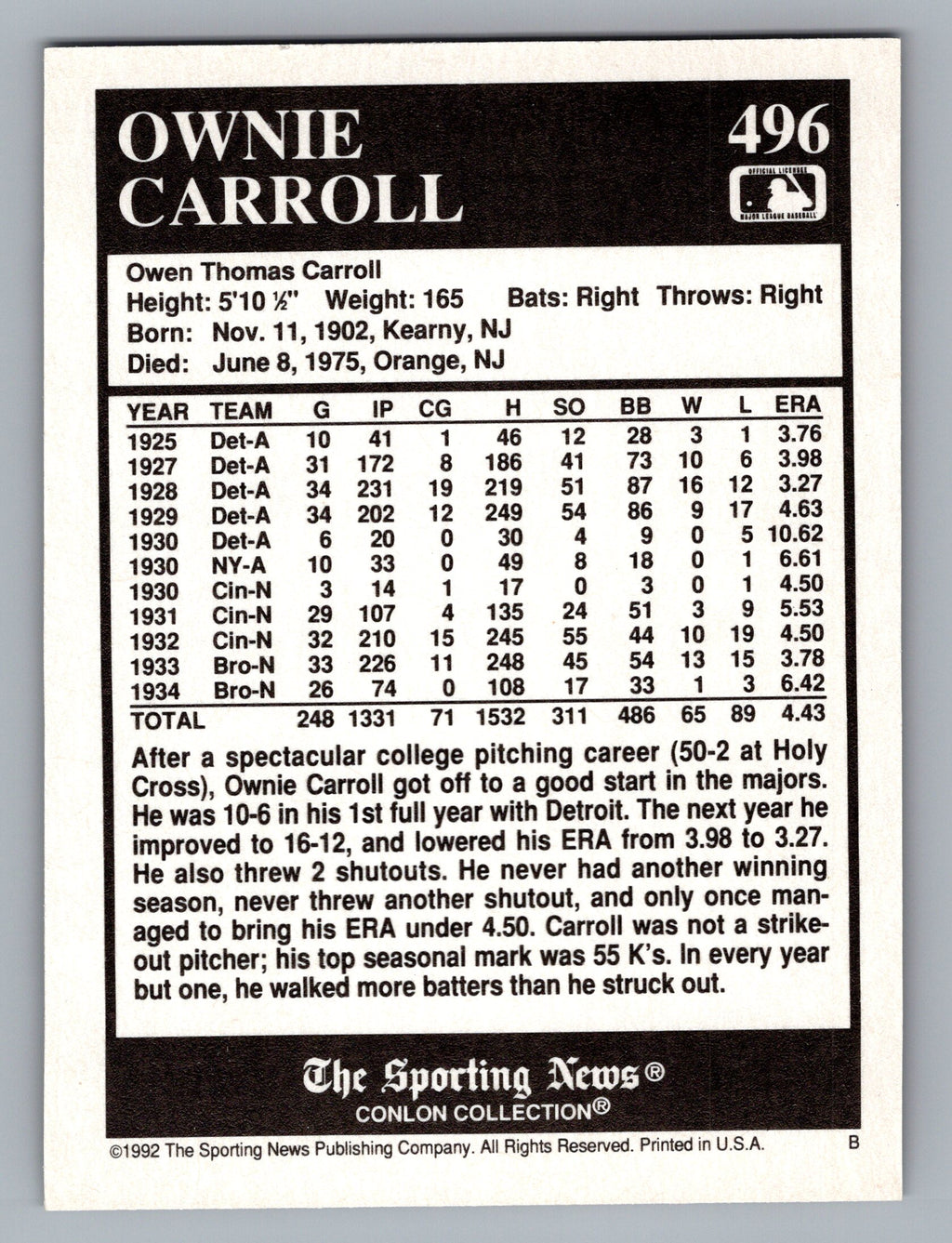 1992 Conlon Collection TSN #496 Ownie Carroll