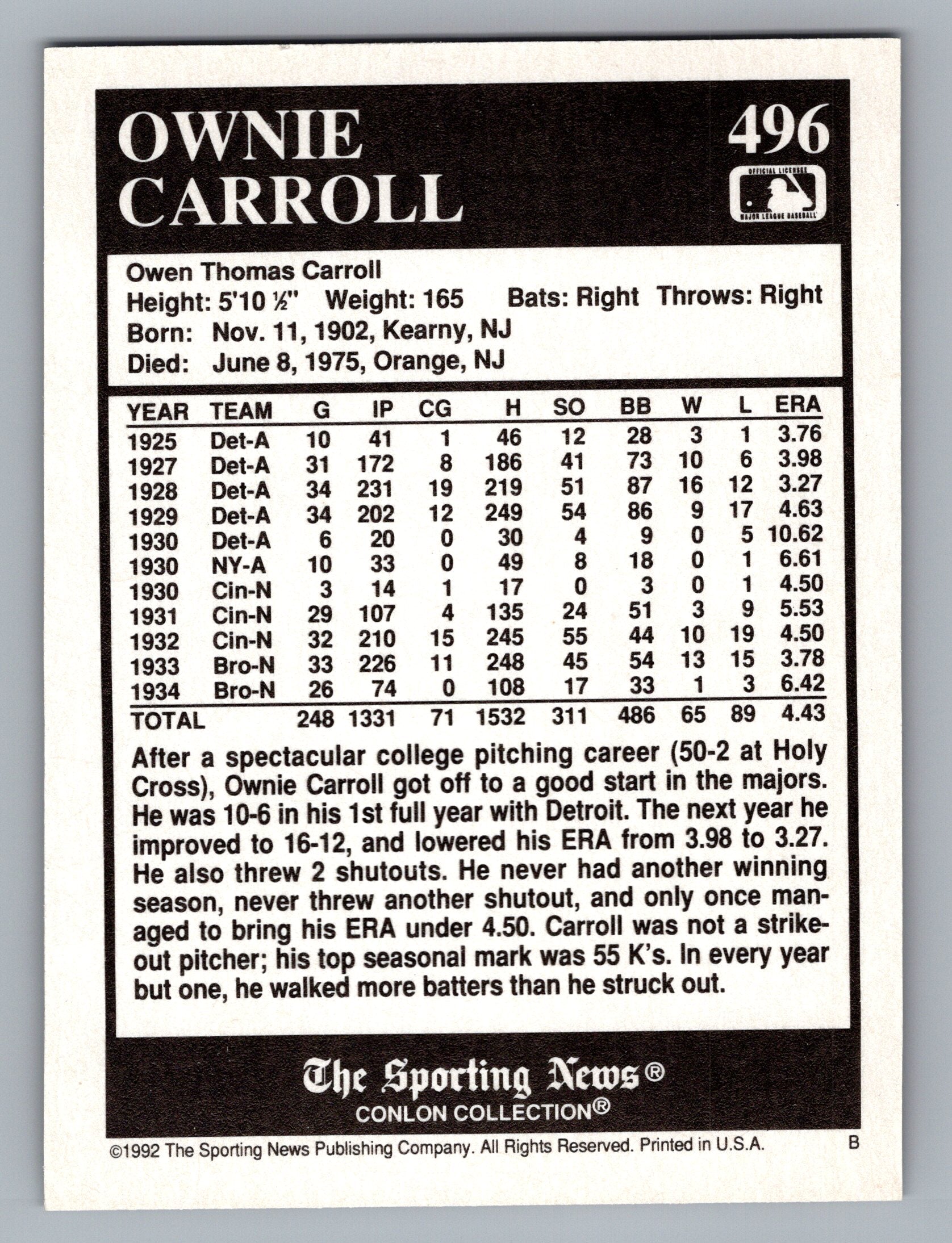 1992 Conlon Collection TSN #496 Ownie Carroll